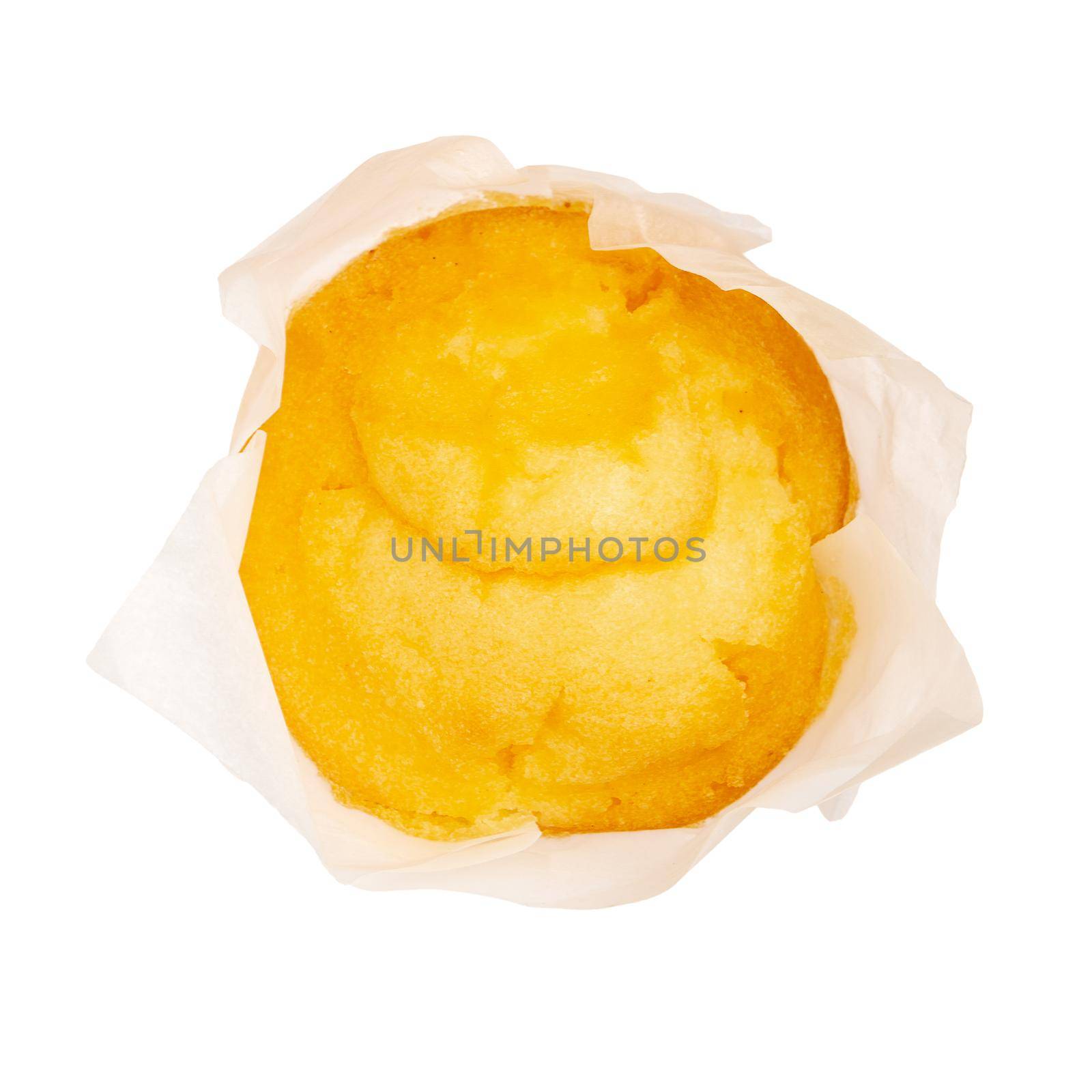 Closeup of a Magdalena Typical Spanish Plain Muffin. Sweet Food or Dessert. Three Fresh Baked Muffin Isolated on White Background in American Style. Irresistible Tasty Cake.