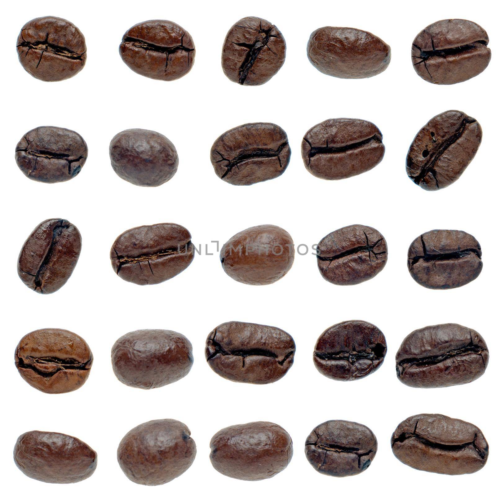 Set of coffee beans isolated on white background.