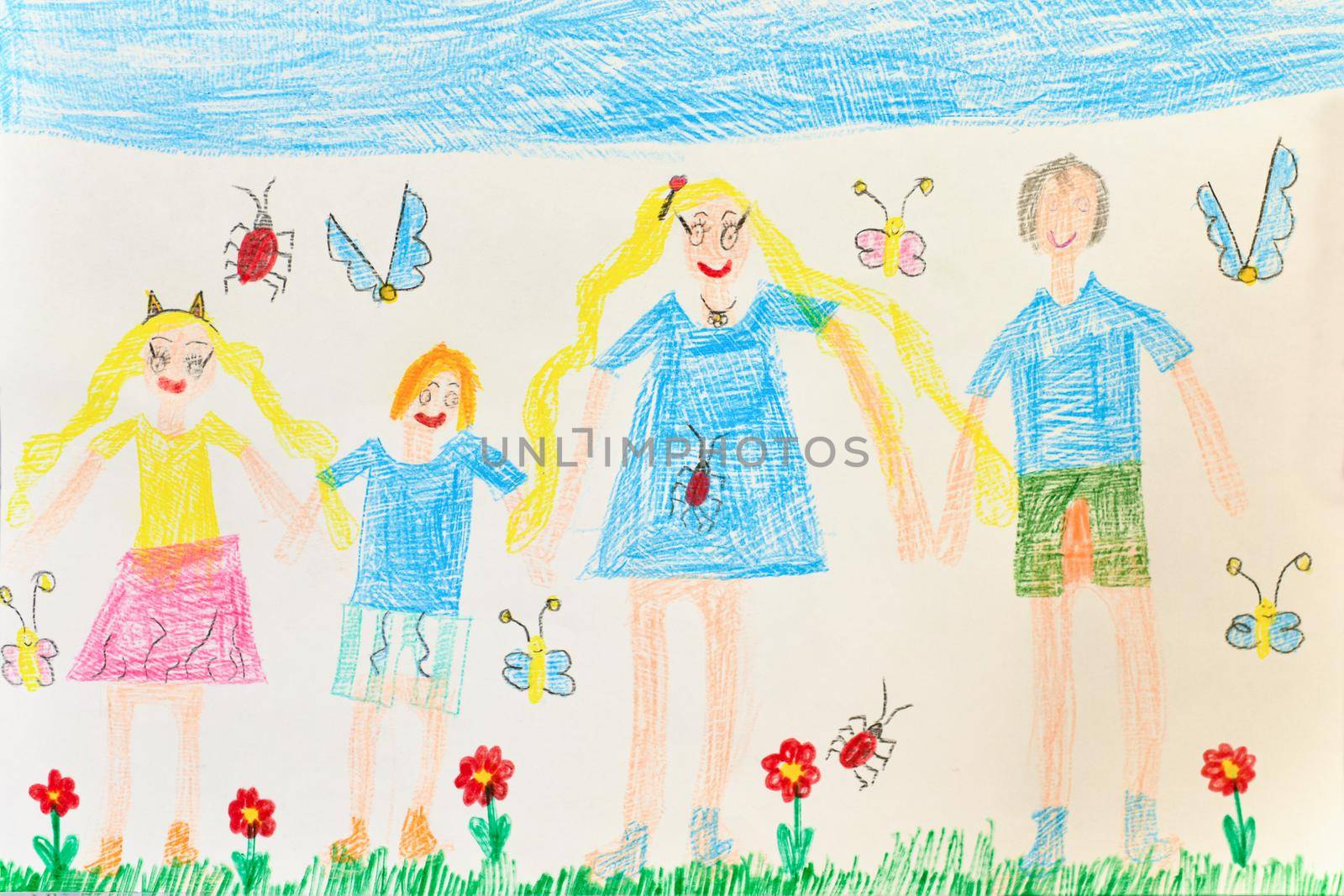 Drawing of a child with a happy family on a walk in summer