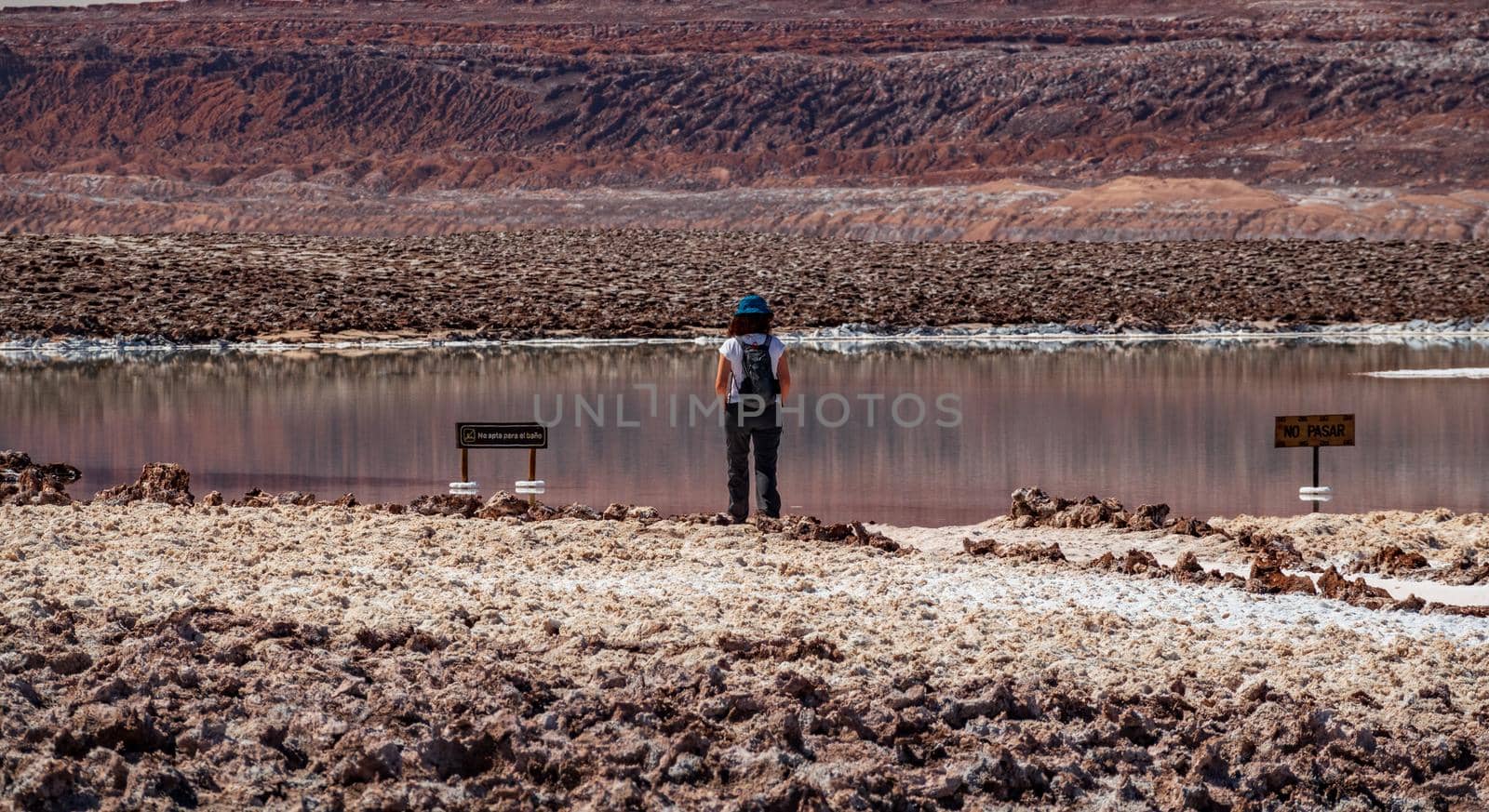 Rear view of tourist woman looking at signs in salt lagoon, Translation: left sign "not suitable for swimming", right sign "no trespassing"