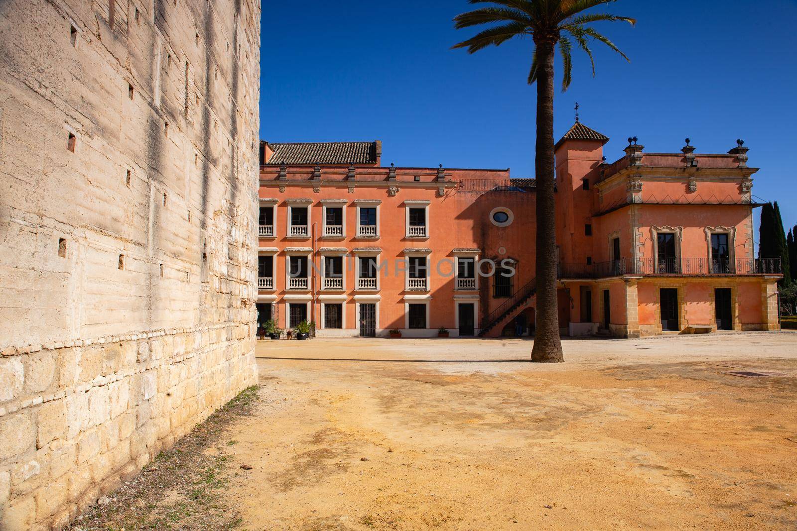 In the Alcázar of Jerez de la Frontera, Spain. It is a former Moorish alcázar, now housing a park, in Jerez de la Frontera, in the South of Spain. It was declared a Bien de Interés Cultural in 1931.