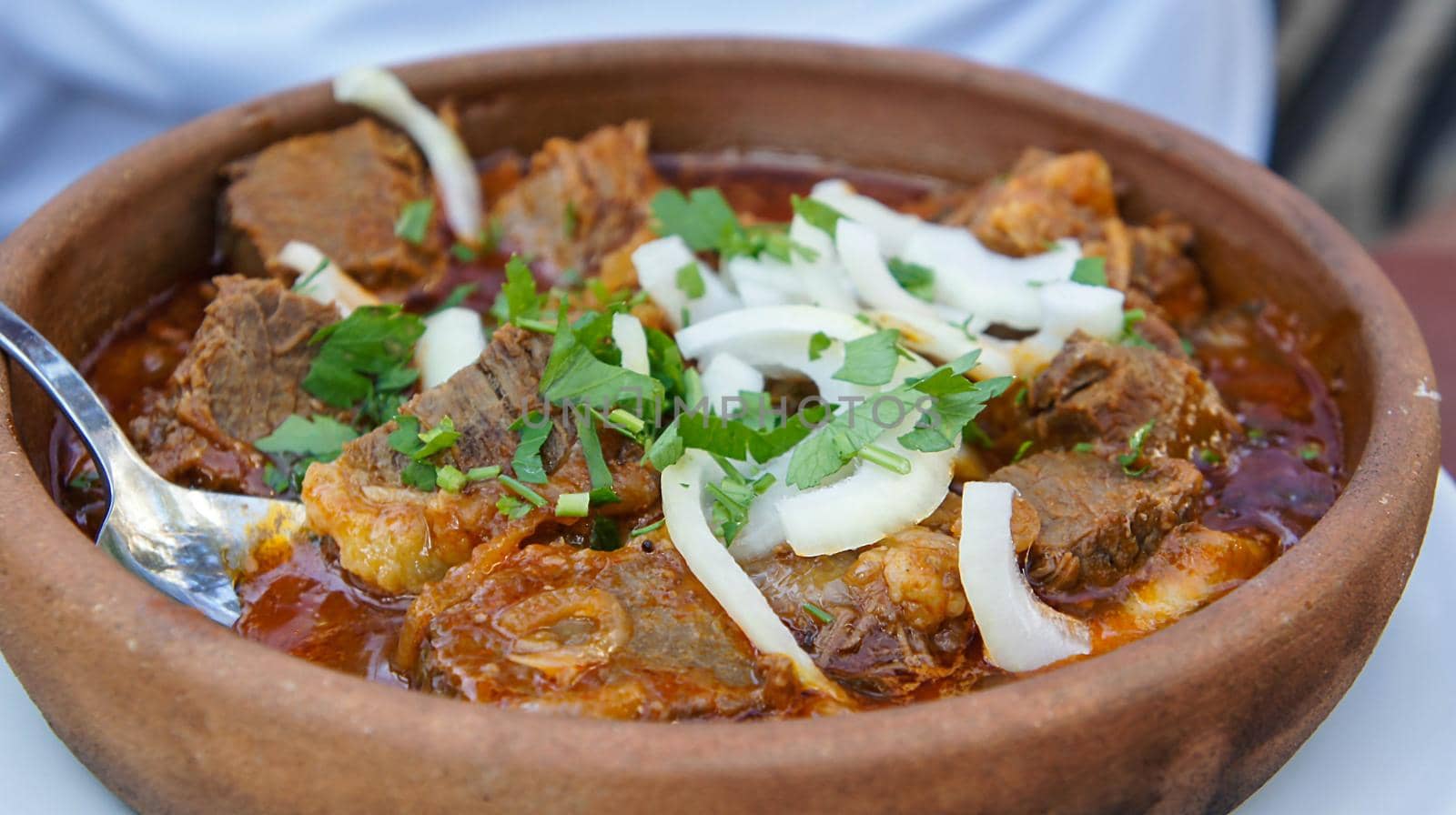 Abkhazian solyanka made of stewed beef in clay dishes. National cuisine