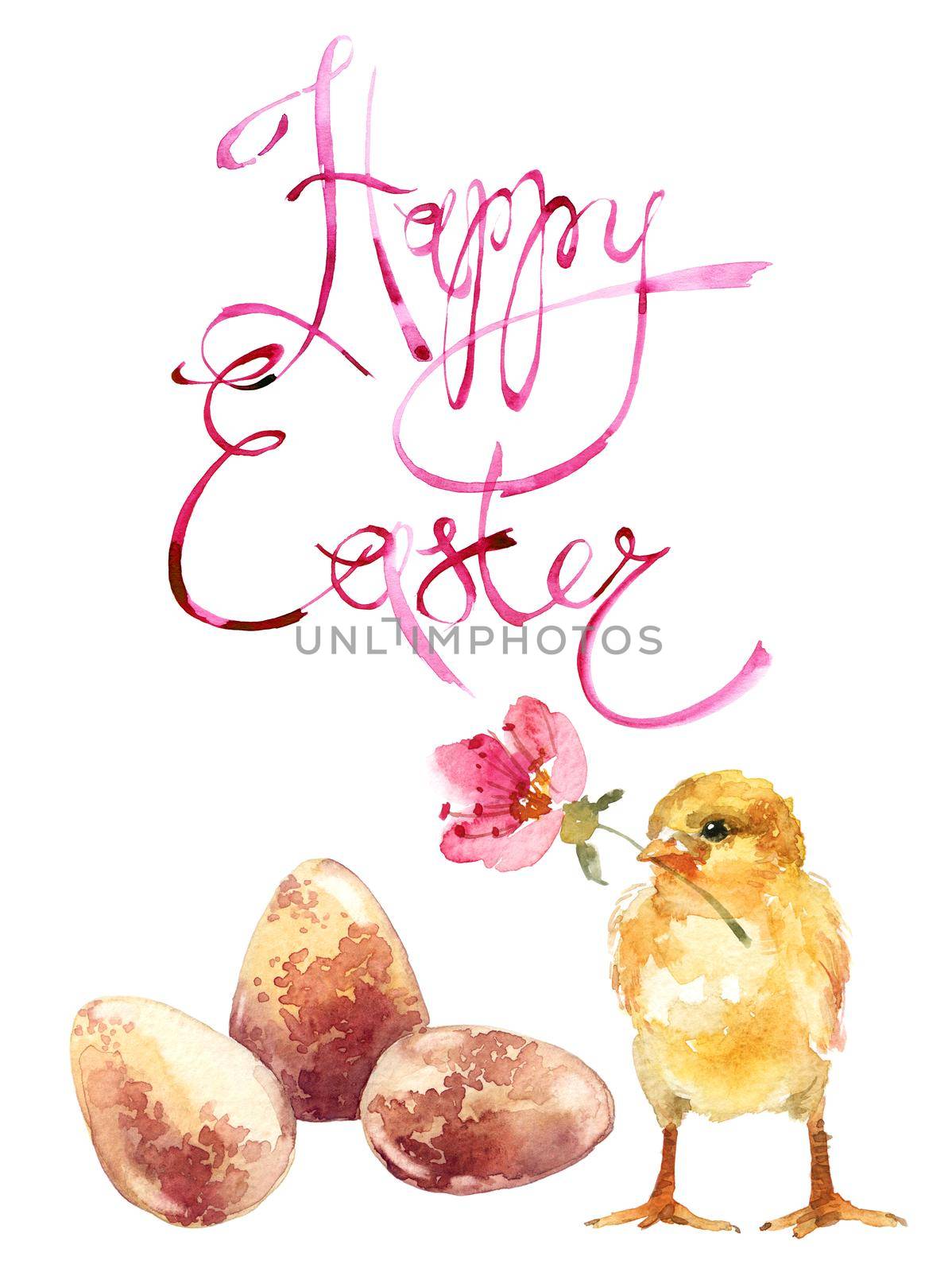 Watercolor illustrations of cute little chick with a flower in its beak and bird eggs. Happy easter greeting card design with calligraphy lettering.