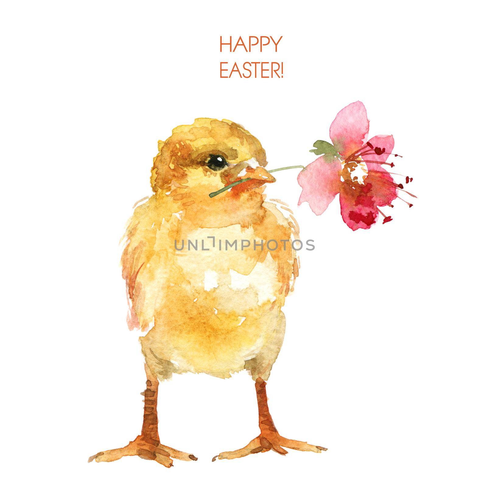 Watercolor illustrations of cute little chick with a flower in its beak. Happy easter greeting card design.