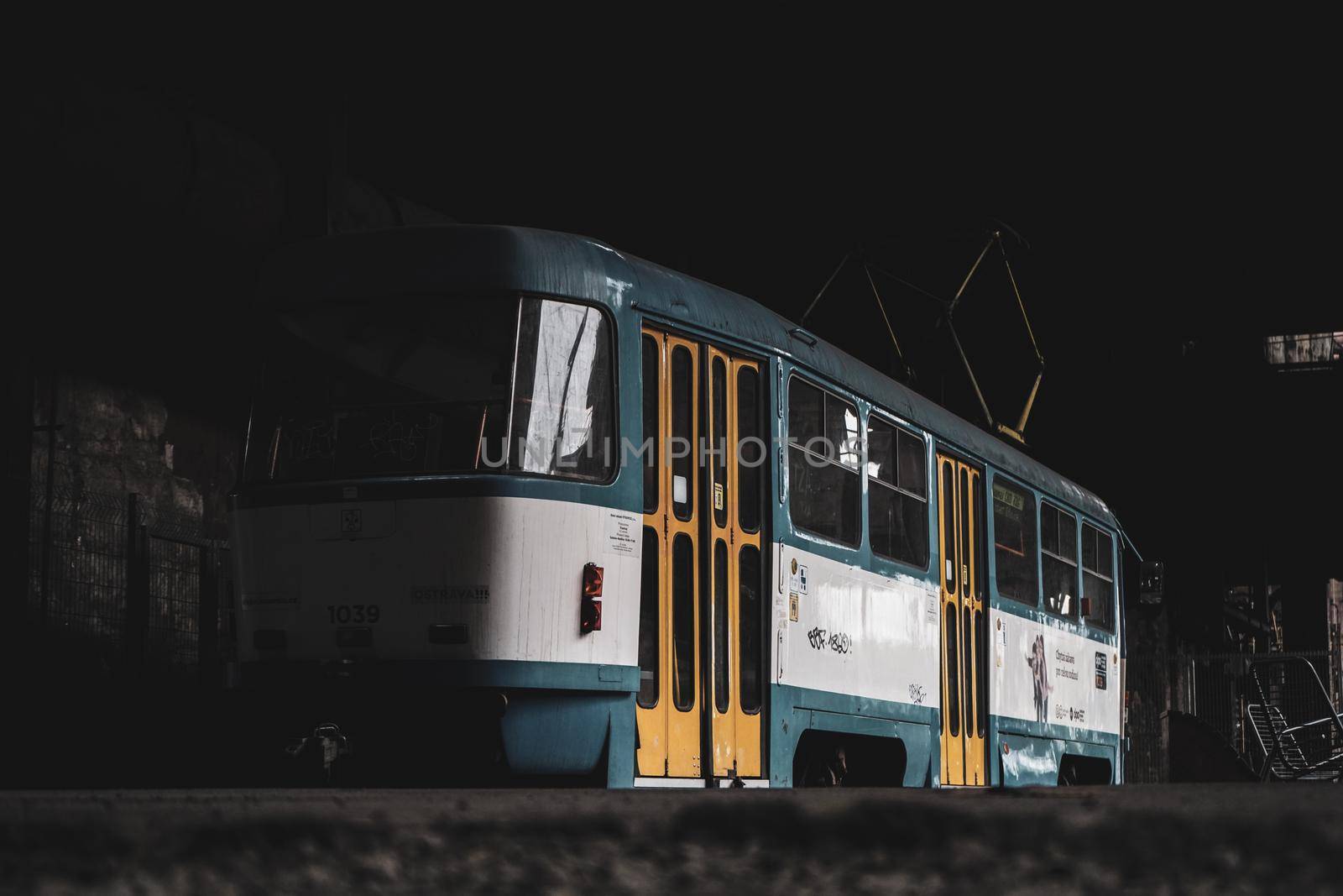 Tram in lonely industrial rusty area (train cabin streetcar) old Eastern Europe TATRA T3. High quality photo