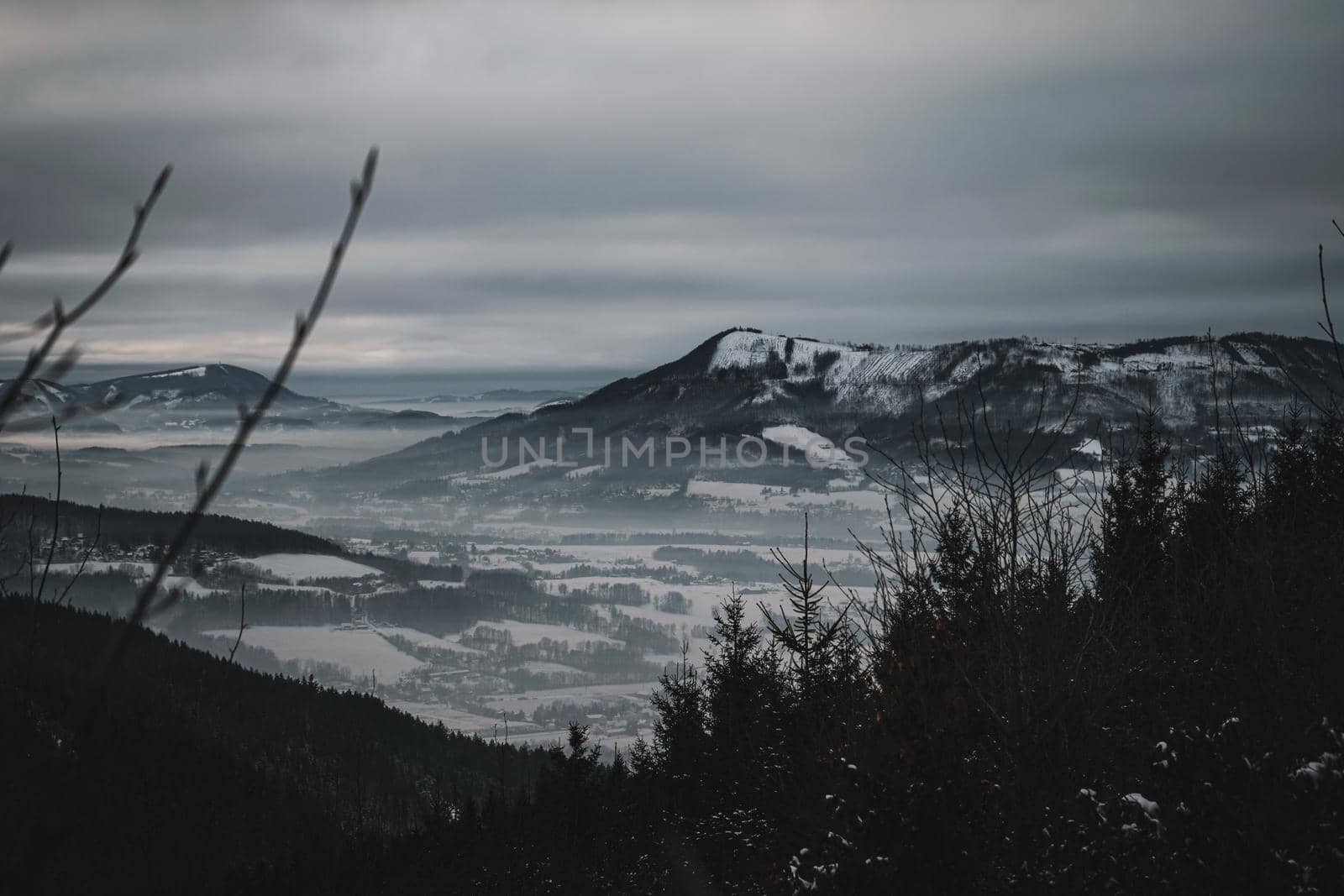 Mountain with snow and trees view landscape cloudy city winter valley. High quality photo