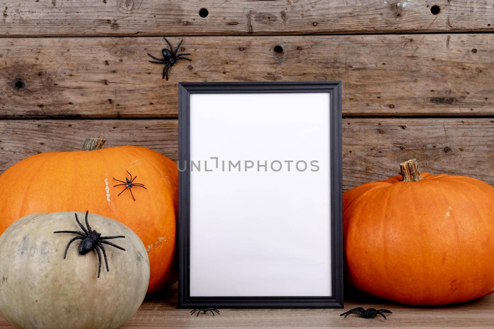 Composition of halloween decoration with pumpkins and frame with copy space on wooden background. halloween tradition and celebration concept digitally generated image.