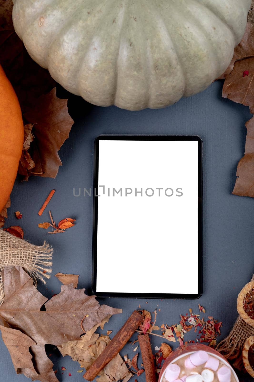 Composition of halloween decoration with pumpkin and tablet with copy space on grey background. halloween tradition and celebration concept digitally generated image.