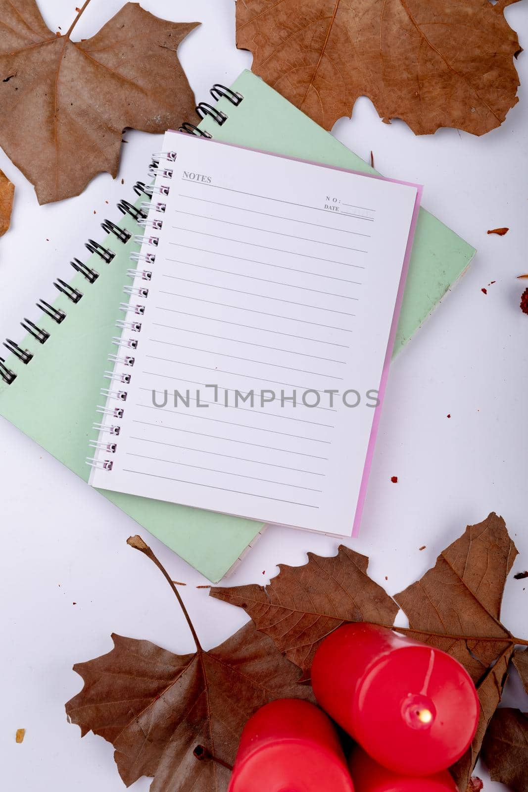 Composition of halloween decoration with leaves and notebook with copy space on white background. halloween tradition and celebration concept digitally generated image.