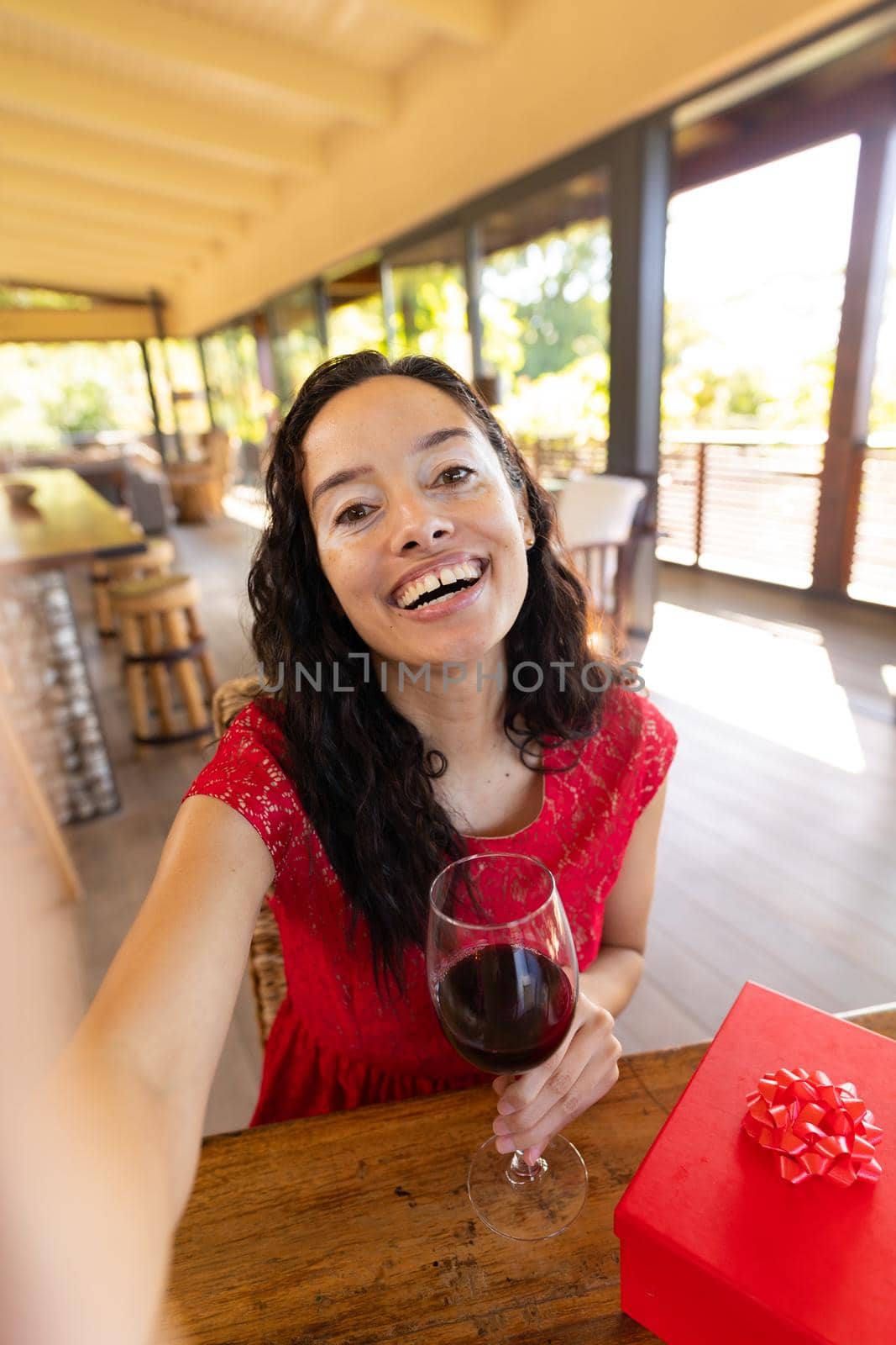 Portrait of cheerful biracial young woman with red wine video calling in restaurant by Wavebreakmedia