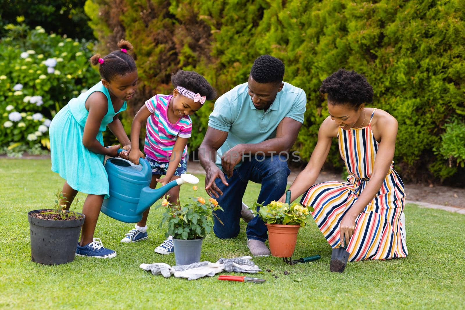 African american family watering plants together in backyard garden by Wavebreakmedia