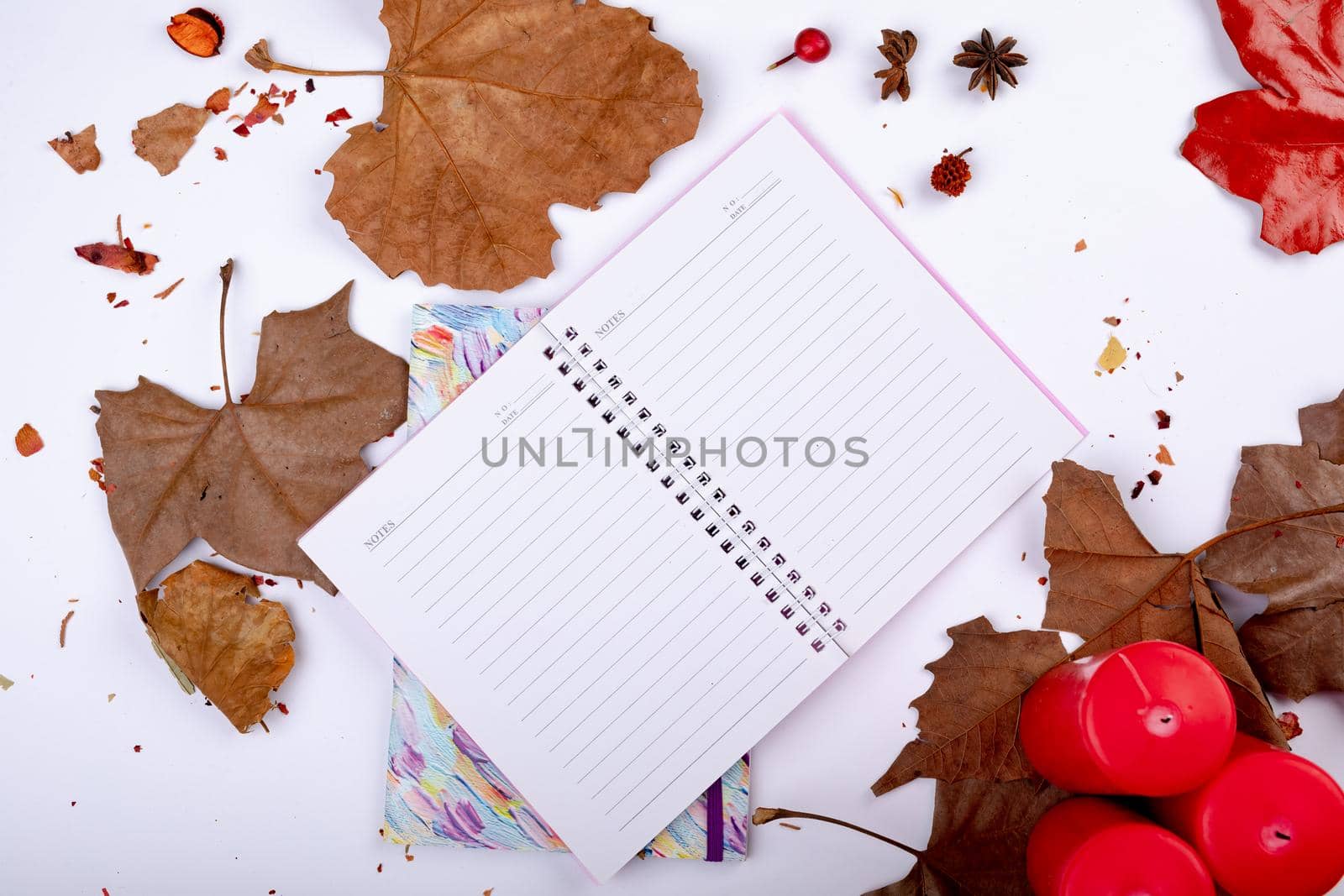 Composition of halloween decoration with leaves and notebook with copy space on white background. halloween tradition and celebration concept digitally generated image.