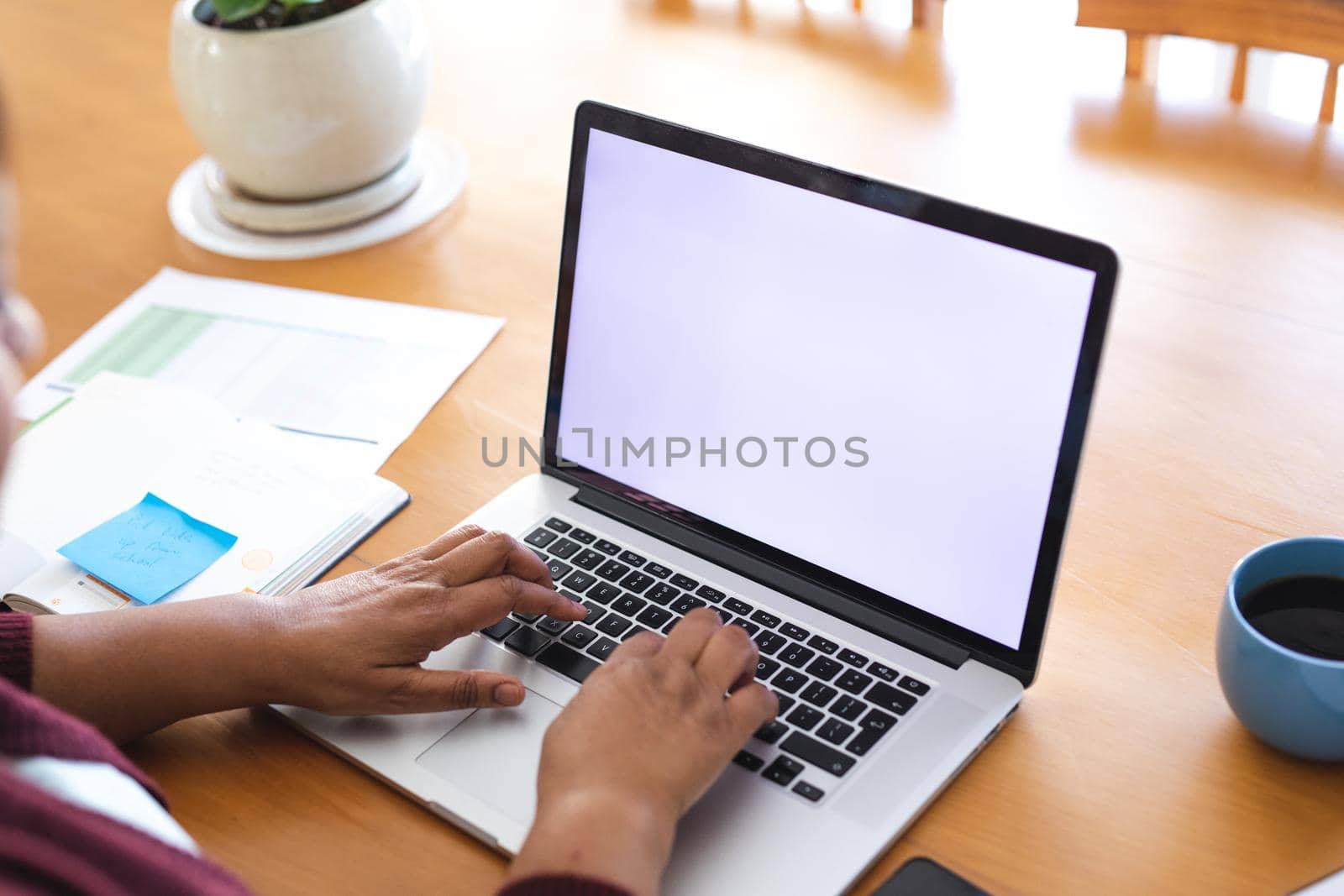 Cropped image of senior woman using laptop during online doctor consultation at home, copy space. lifestyle, wireless technology, telemedicine and healthcare.