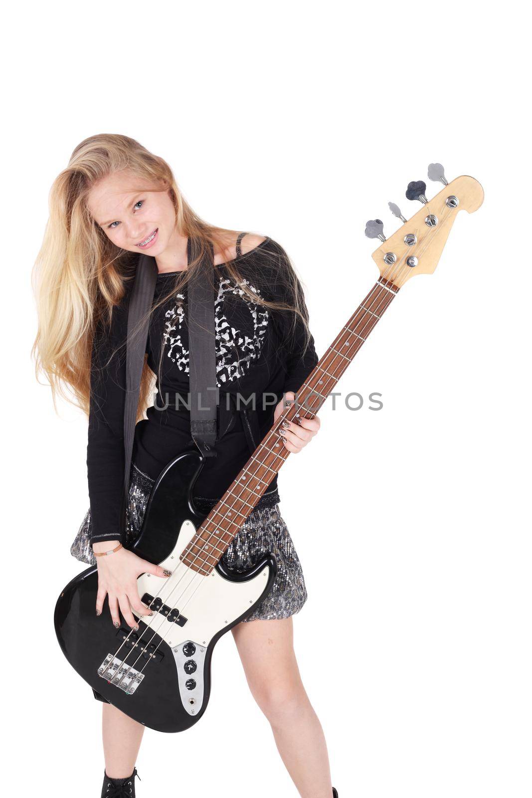 beautiful young teen blond girl with the electric guitar