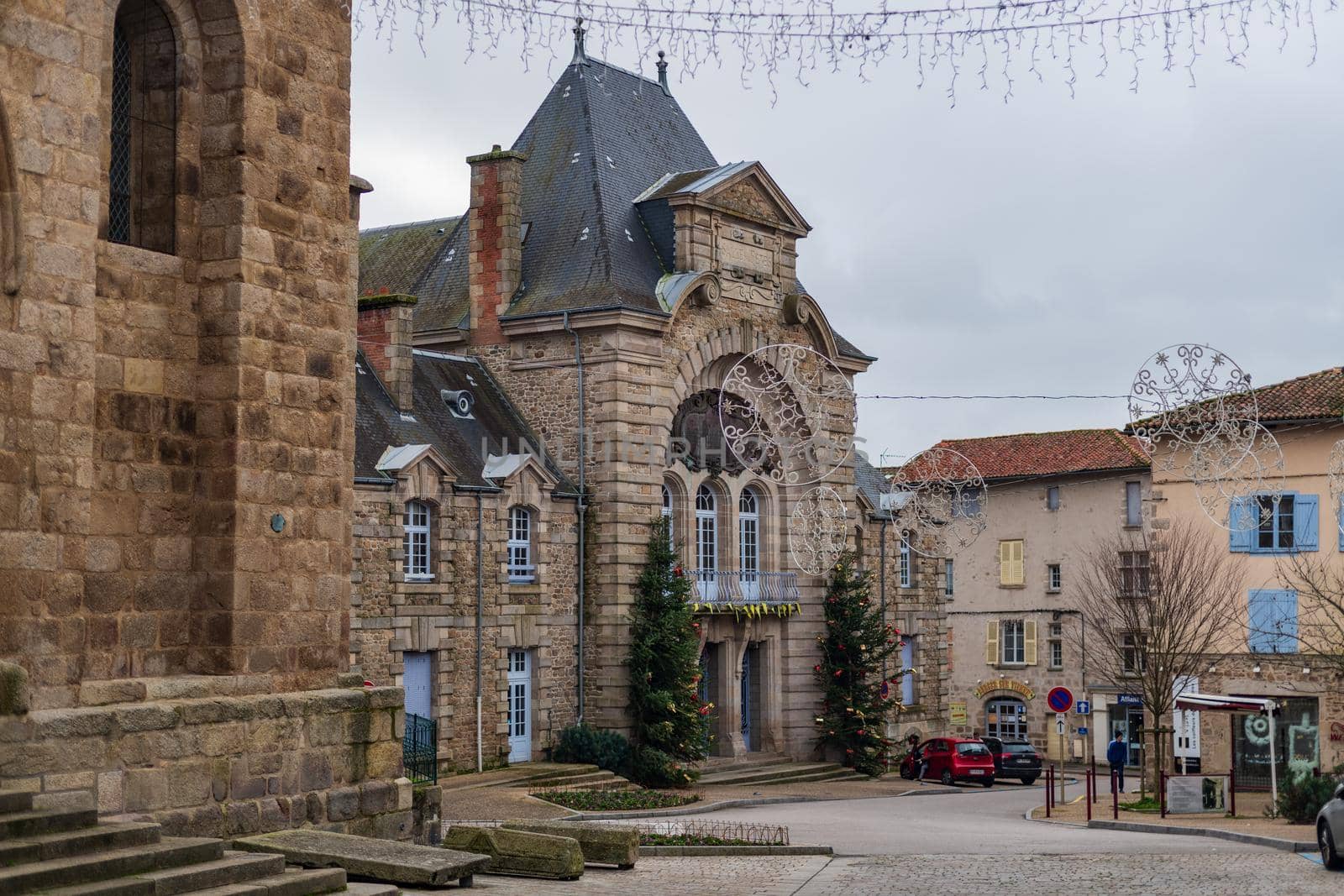 SAINT JUNIEN, FRANCE - DECEMBER 26, 2019: Christmas decorated streets of Saint Junien during holydays