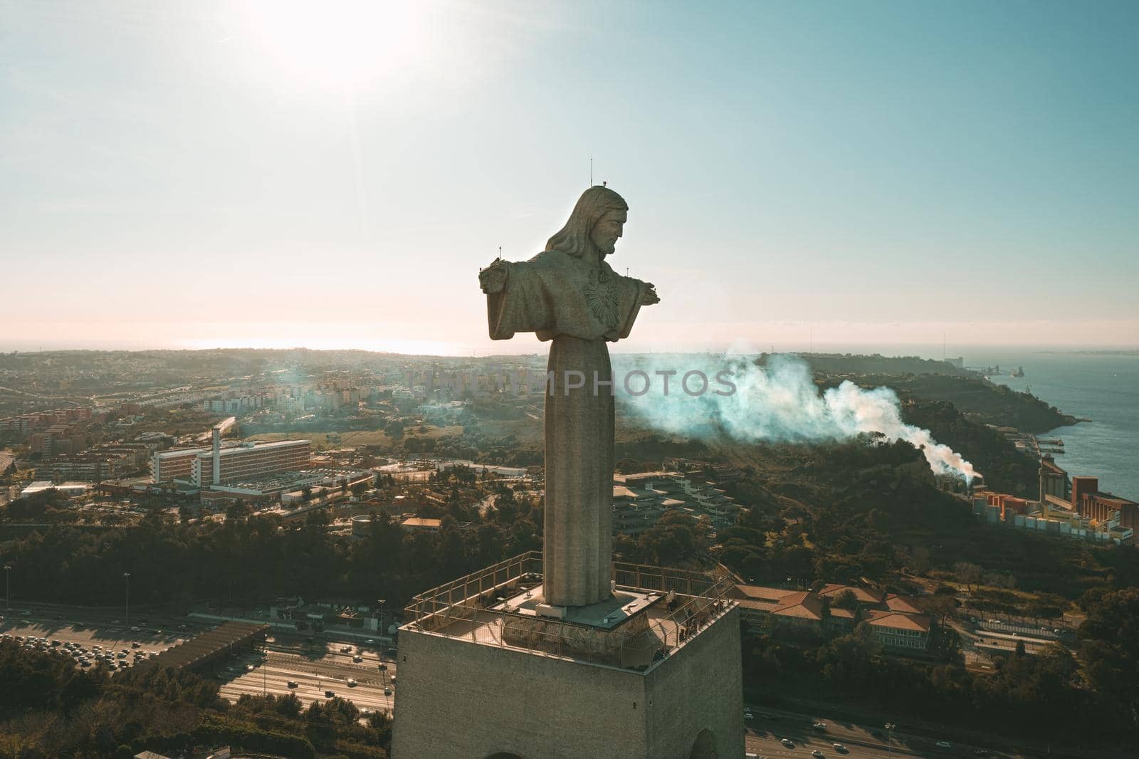 Aerial photo of Sanctuary of Christ the King, Santuario de Cristo Rei in Lisbon city, Portugal by DariaKulkova