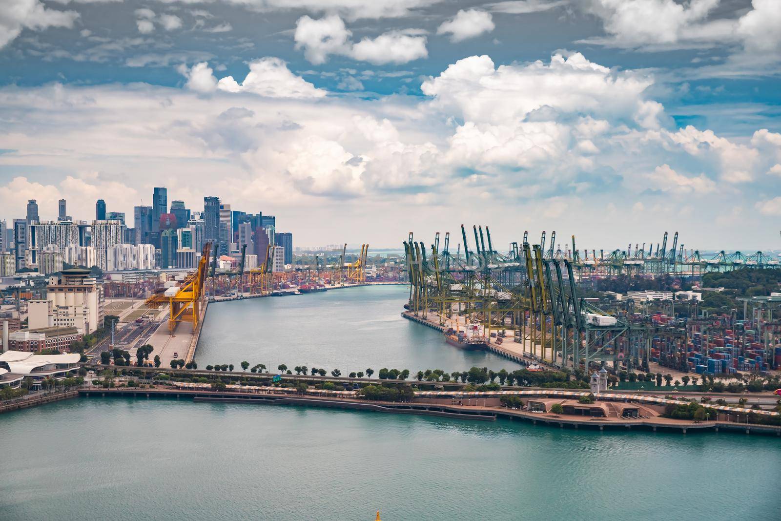 The huge busiest logistic port in Singapore, plenty of cranes to move containers, huge cargo ships in the background, skyscrapers on background. High quality photo
