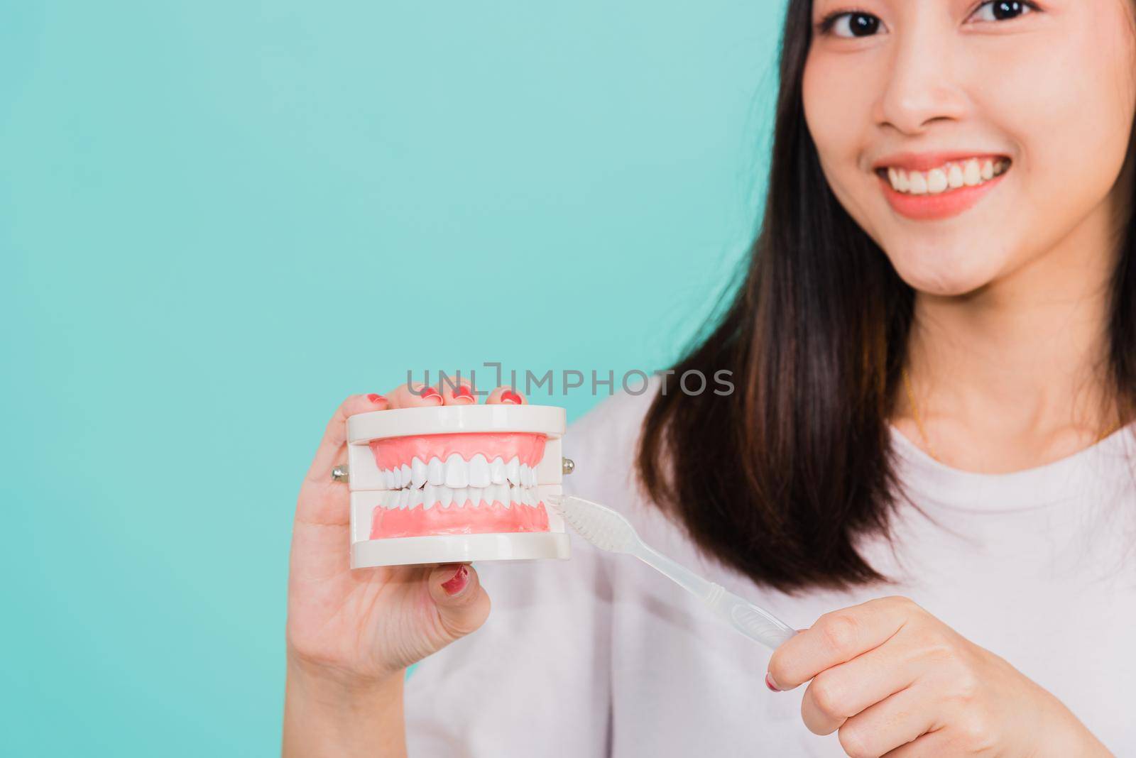 Asian beautiful young woman teen smiling showing demonstration on fake jaw how to tooth brush on clean teeth, studio shot isolated on blue background, Dental health care concept