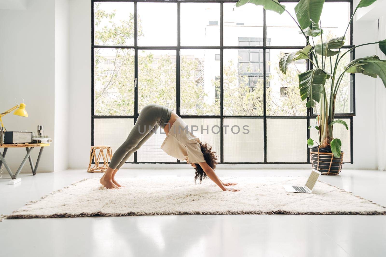 Young multiracial woman doing downward facing dog yoga pose at home watching online class using laptop. Copy space. by Hoverstock