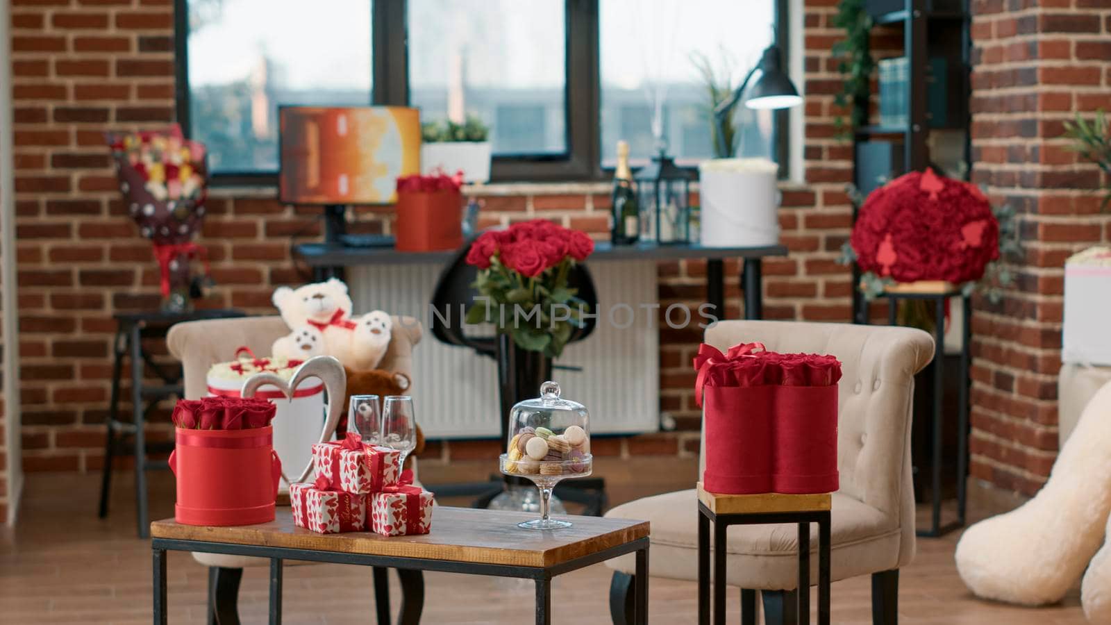 Elegant attractive girlfriend surprised by valentine day presents from boyfriend, celebrate romance anniversary at home. Cute sexy woman enjoying romantic gift holding teddy bear. Love decoration