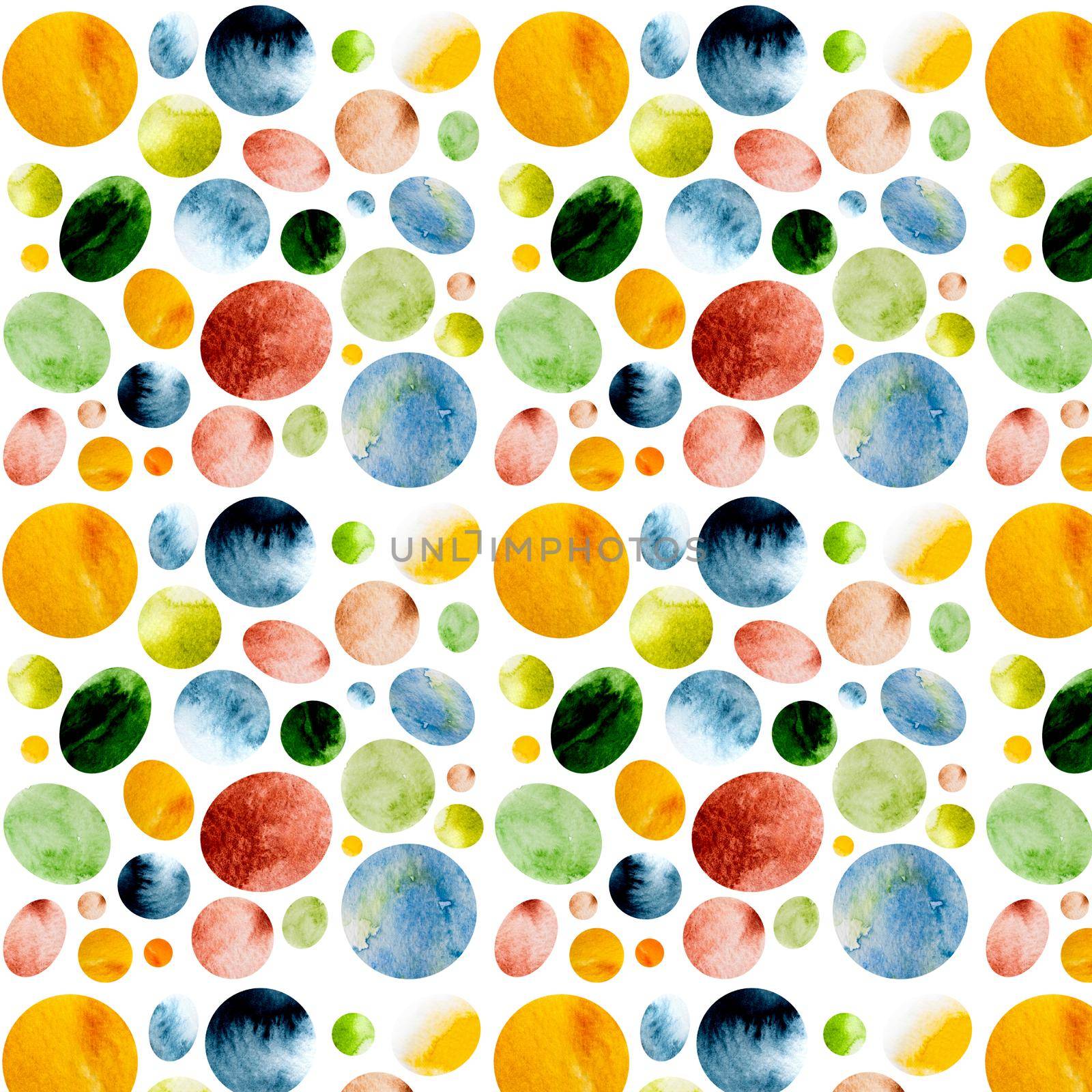 Watercolor seamless pattern. Abstract art paintings with colorful spheres isolated on white background. Aquarelle creative drawings on textured paper canvas