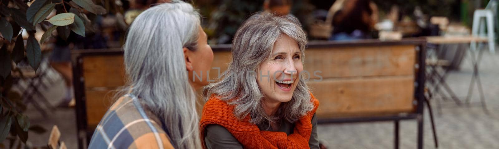 Senior lady laughs spending time with female friend at small table with candies on plate in street cafe on nice autumn day