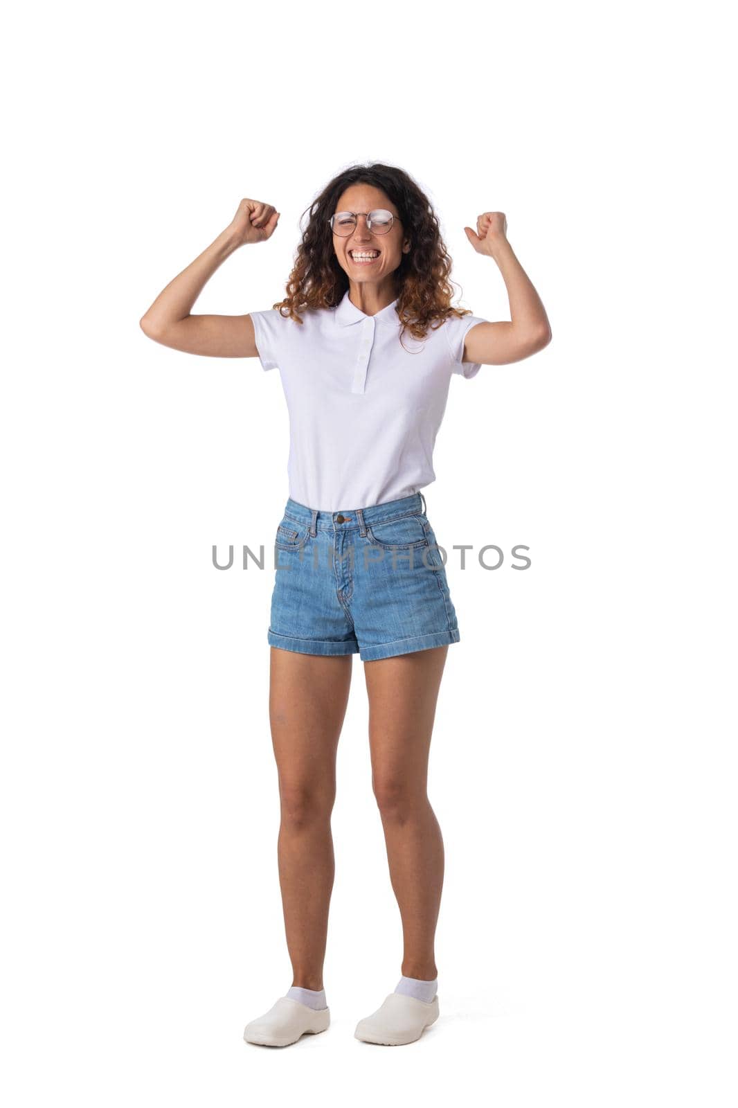 Portrait of cheerful happy woman with curly hair in glasses isolated on white background