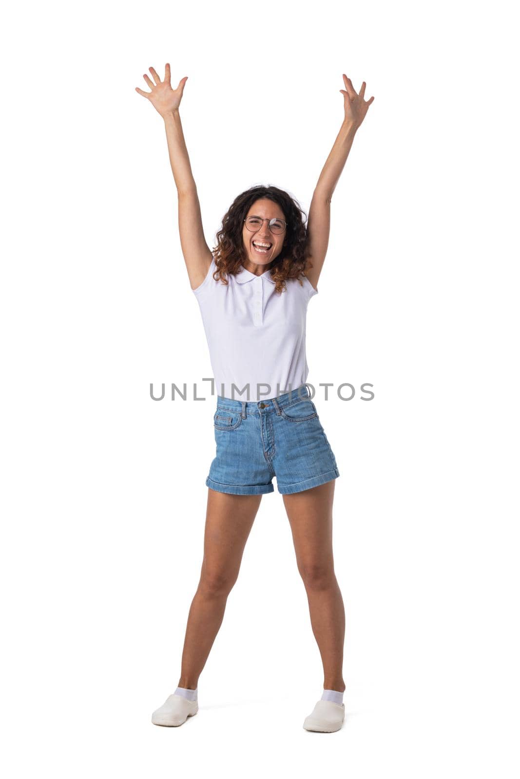 Portrait of cheerful happy woman with curly hair in glasses isolated on white background