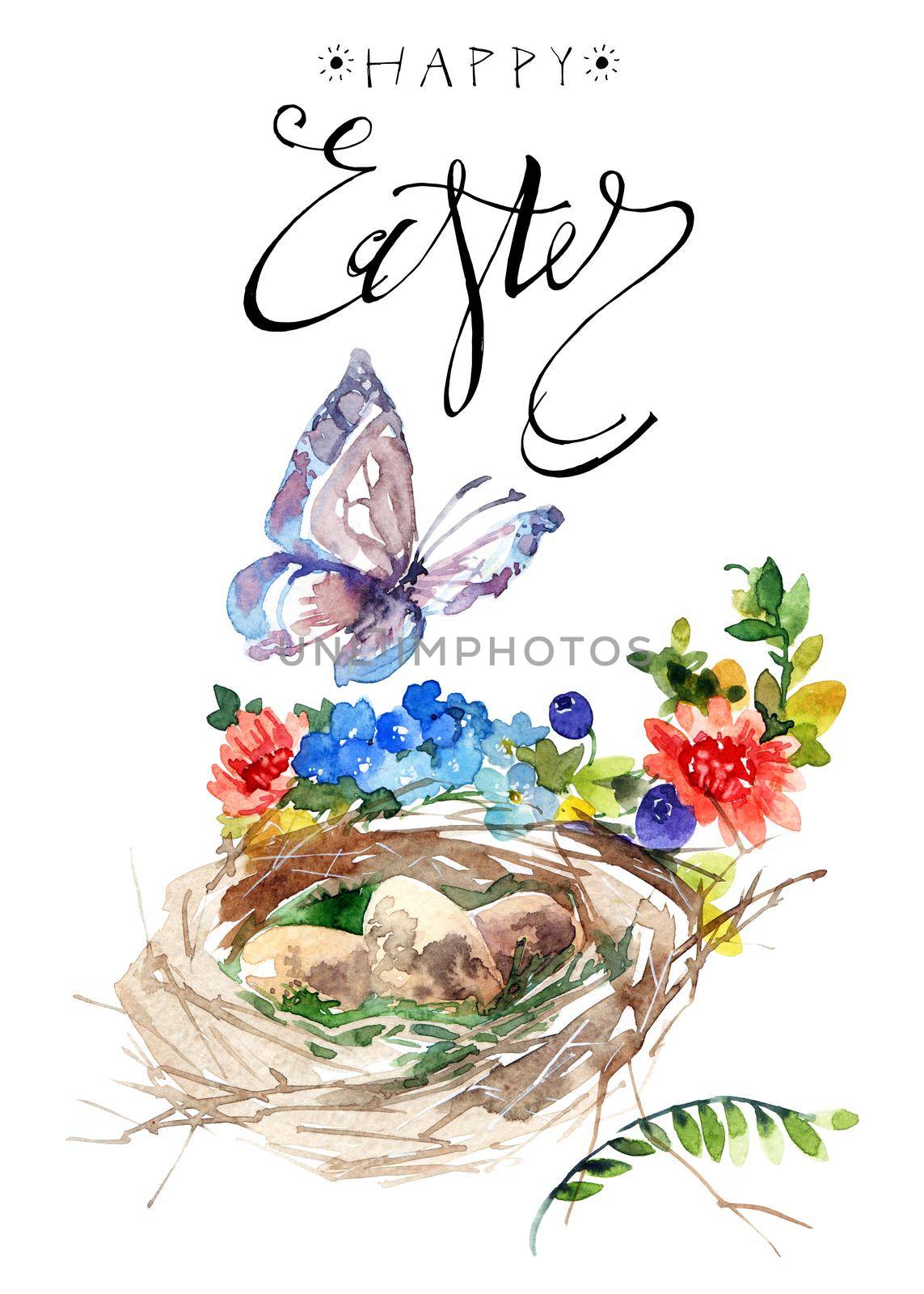 Watercolor illustration of bird nest with eggs, flowers and butterfly. Greeting card for Easter with calligraphy lettering "Happy Easter"
