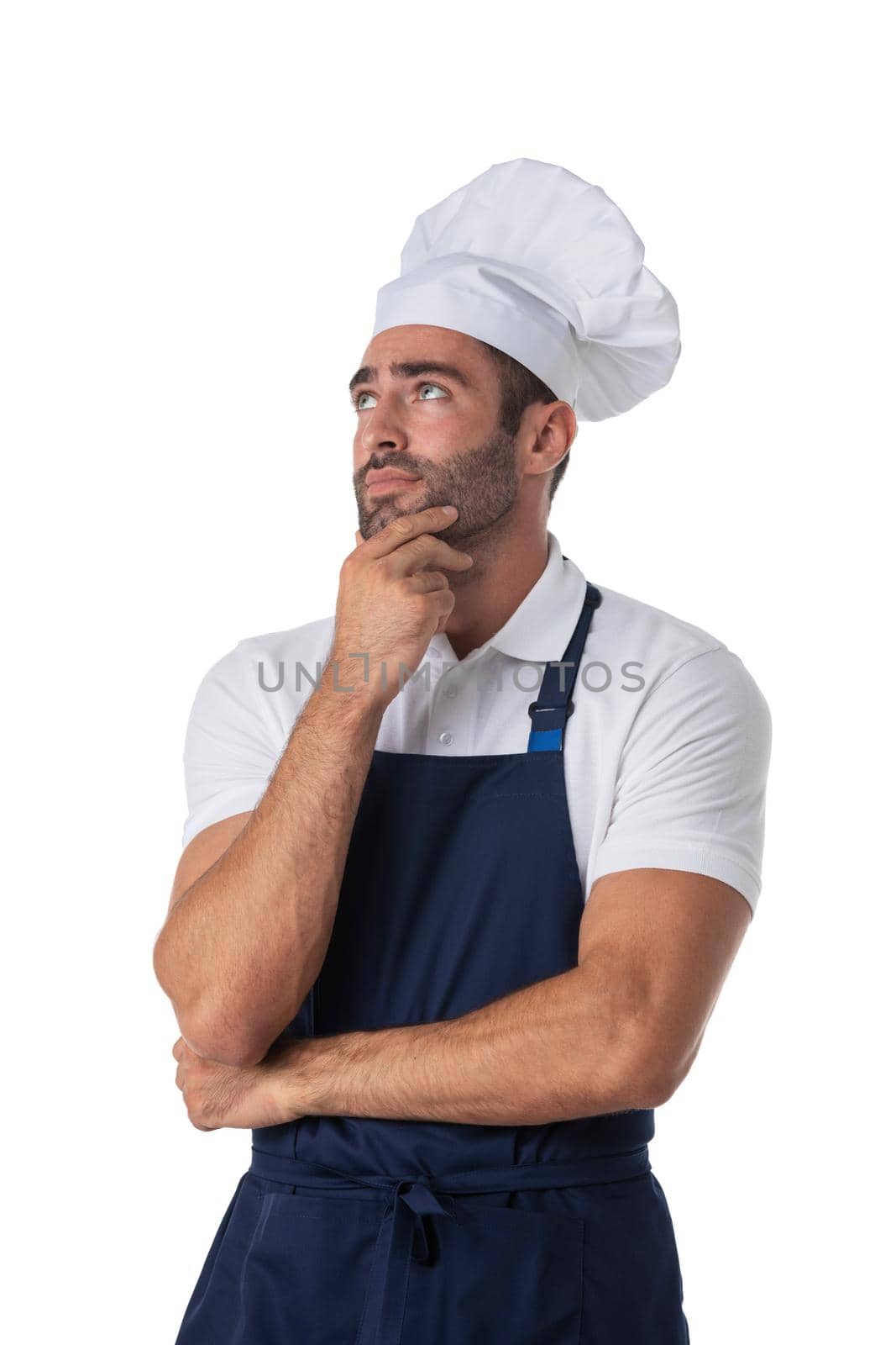Portrait of cheerful joyful chef cook in beret and apron outfit looking at camera isolated on white background