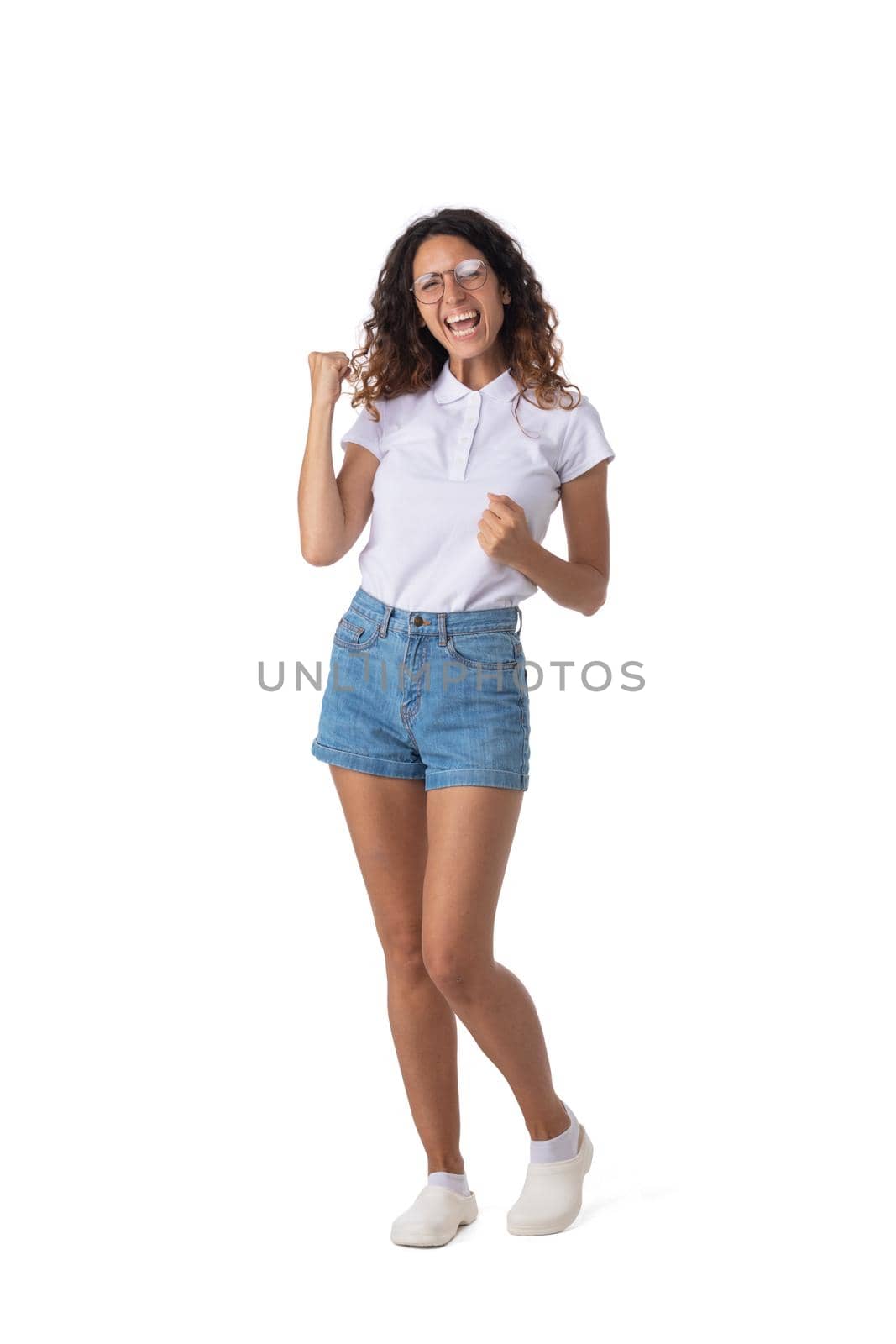 Portrait of cheerful happy woman with curly hair in glasses isolated on white background