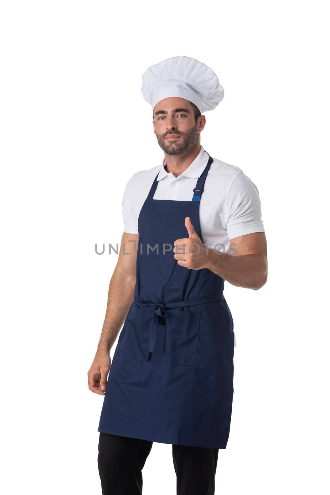 Portrait of cheerful joyful chef cook in beret and apron outfit looking at camera isolated on white background