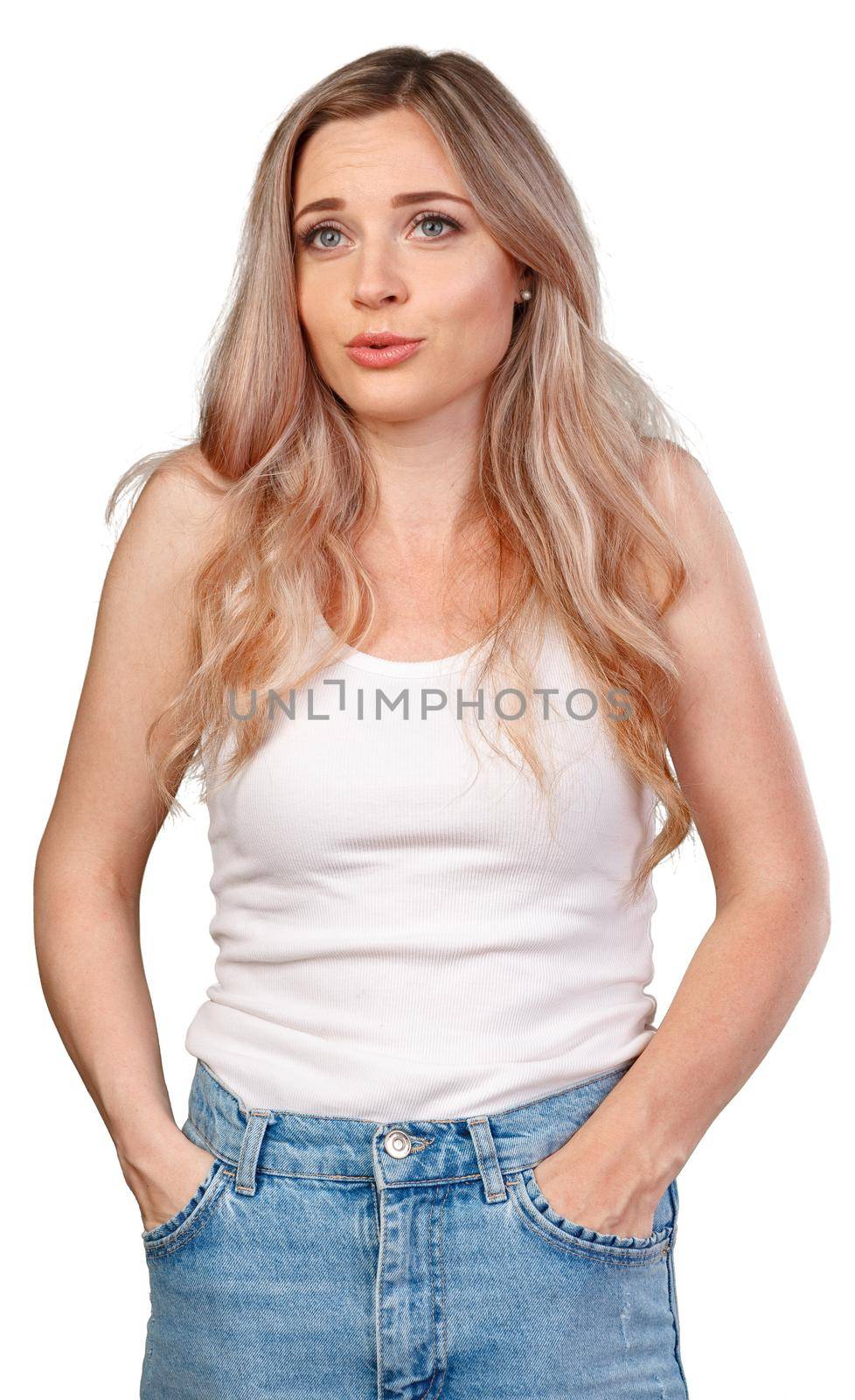 Portrait of nice-looking attractive ldreamy shy woman thinking isolated on white background