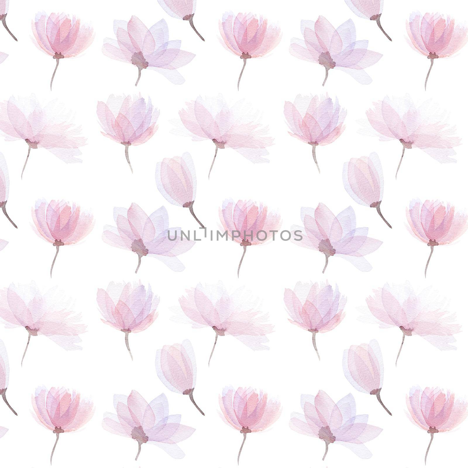 Watercolor seamless pattern flowers paints on white paper. Beautiful aquarelle floral card with blossom