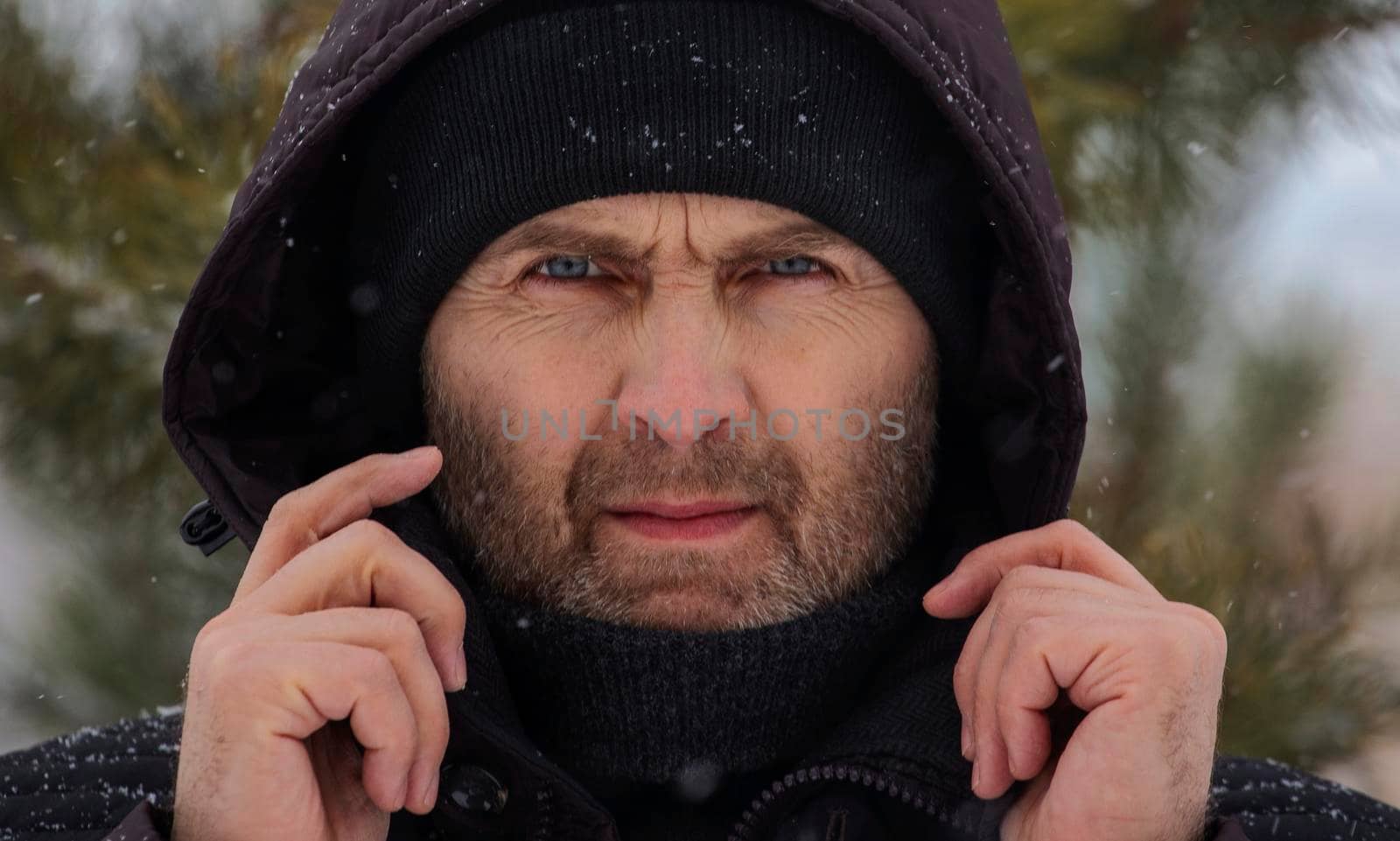 Close-up portrait of a man against the background of fir branches. by gelog67