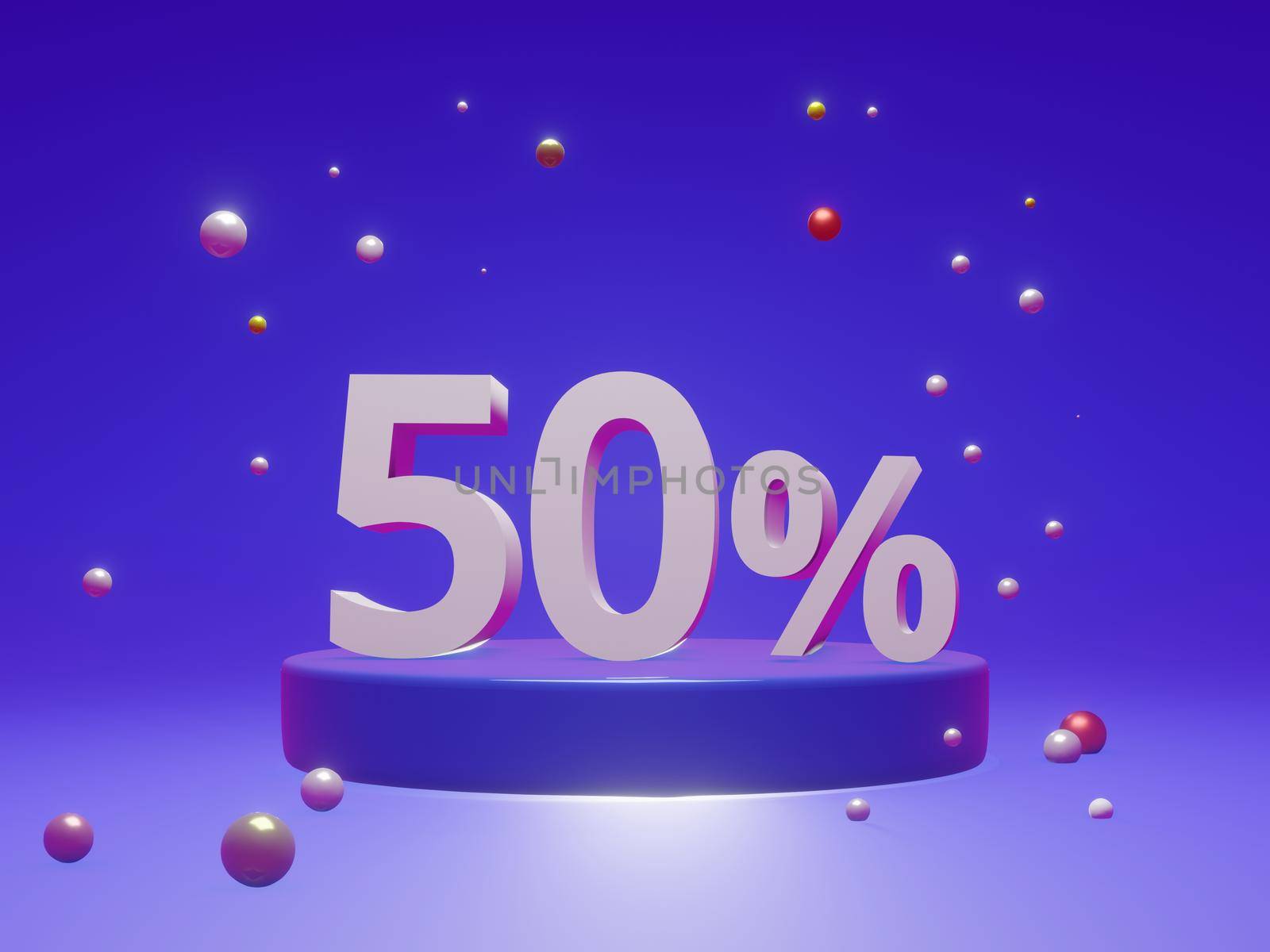 The podium shows up to 50% off discount concept banners, promotional sales, and super shopping offer banners. 3D rendering. by noppha80
