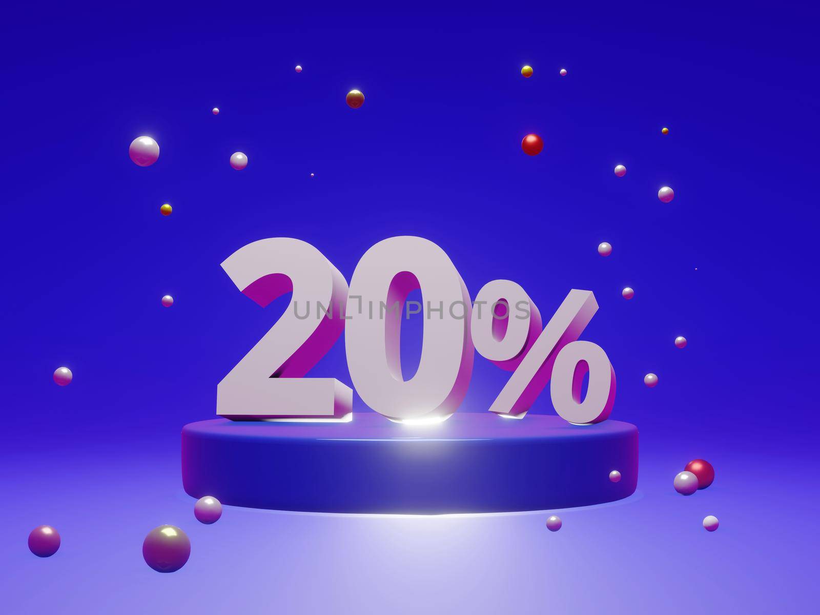 The podium shows up to 20% off discount concept banners, promotional sales, and super shopping offer banners. 3D rendering.