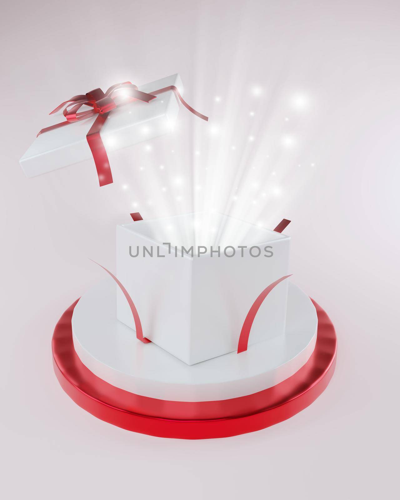 open gift box or gift box with red ribbon and bow isolated on white background on podium 3d shadow rendering festival concept gift giving special day christmas valentines day and celebration celebrate by noppha80