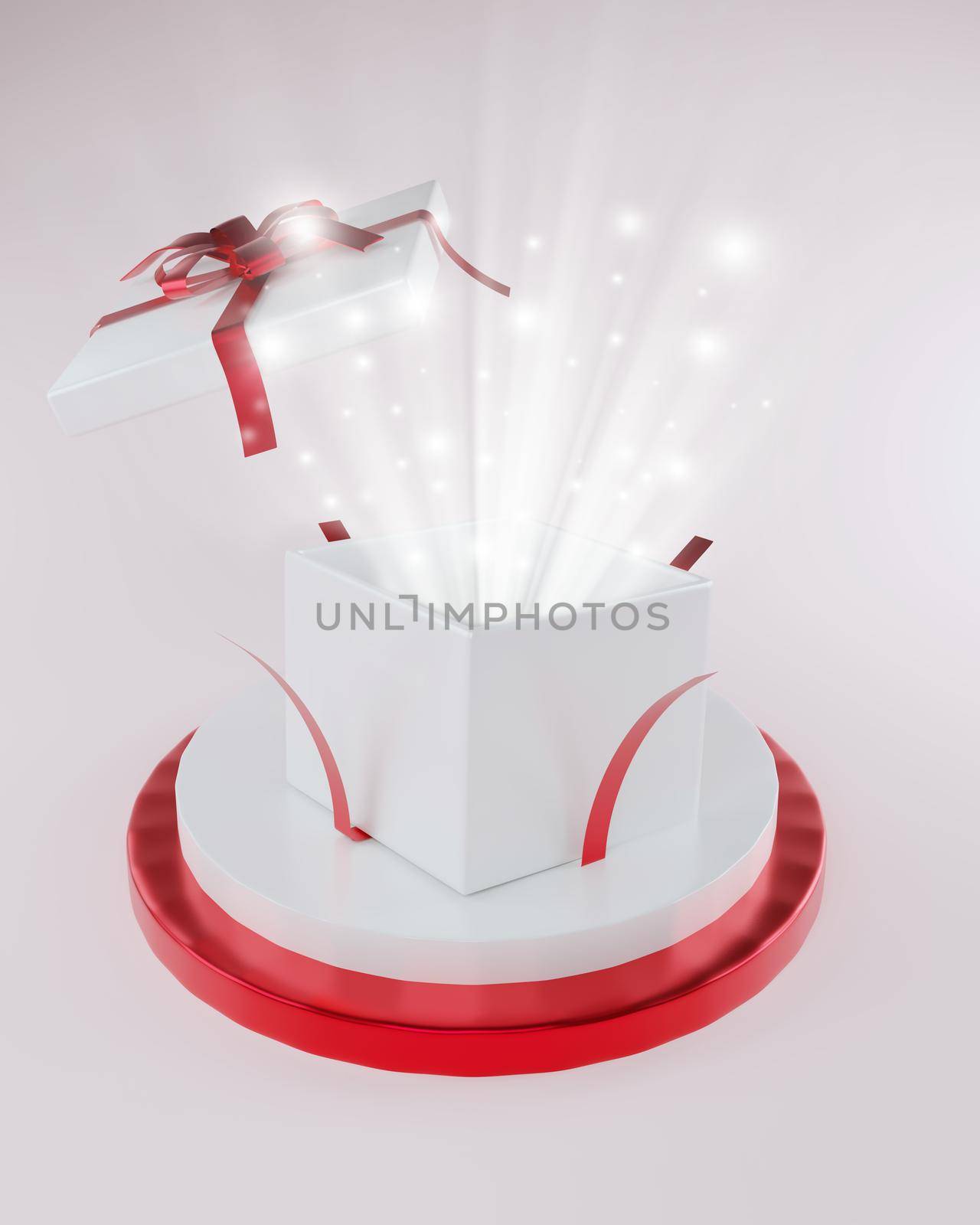 open gift box or gift box with red ribbon and bow isolated on white background on podium 3d shadow rendering festival concept gift giving special day christmas valentines day and celebration celebrate