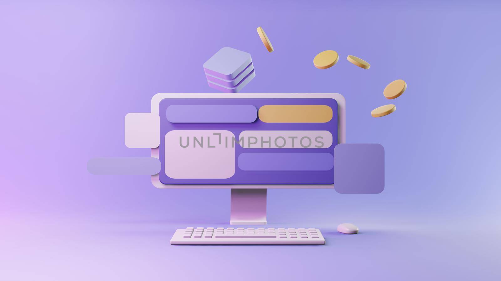 Abstract computer and hardware device displaying various commodities trading information online currency exchange rate isolated pastel minimalist background. 3D rendering.