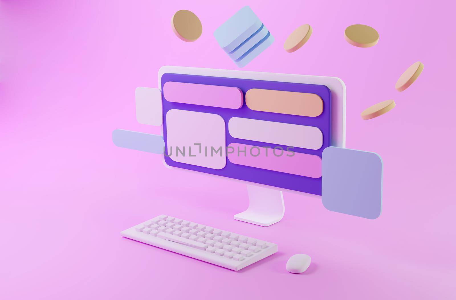 Abstract computer and hardware device displaying various commodities trading information online currency exchange rate isolated pastel minimalist background. 3D rendering. by noppha80