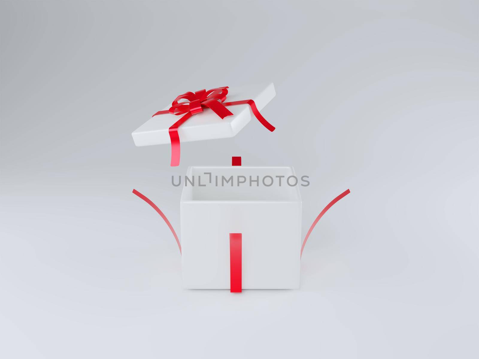 Open gift box or gift box with red ribbon and bow isolated on white background with 3d shadow rendering. Festival concept, gift-giving, special day, Christmas, valentines day and celebrations new Year