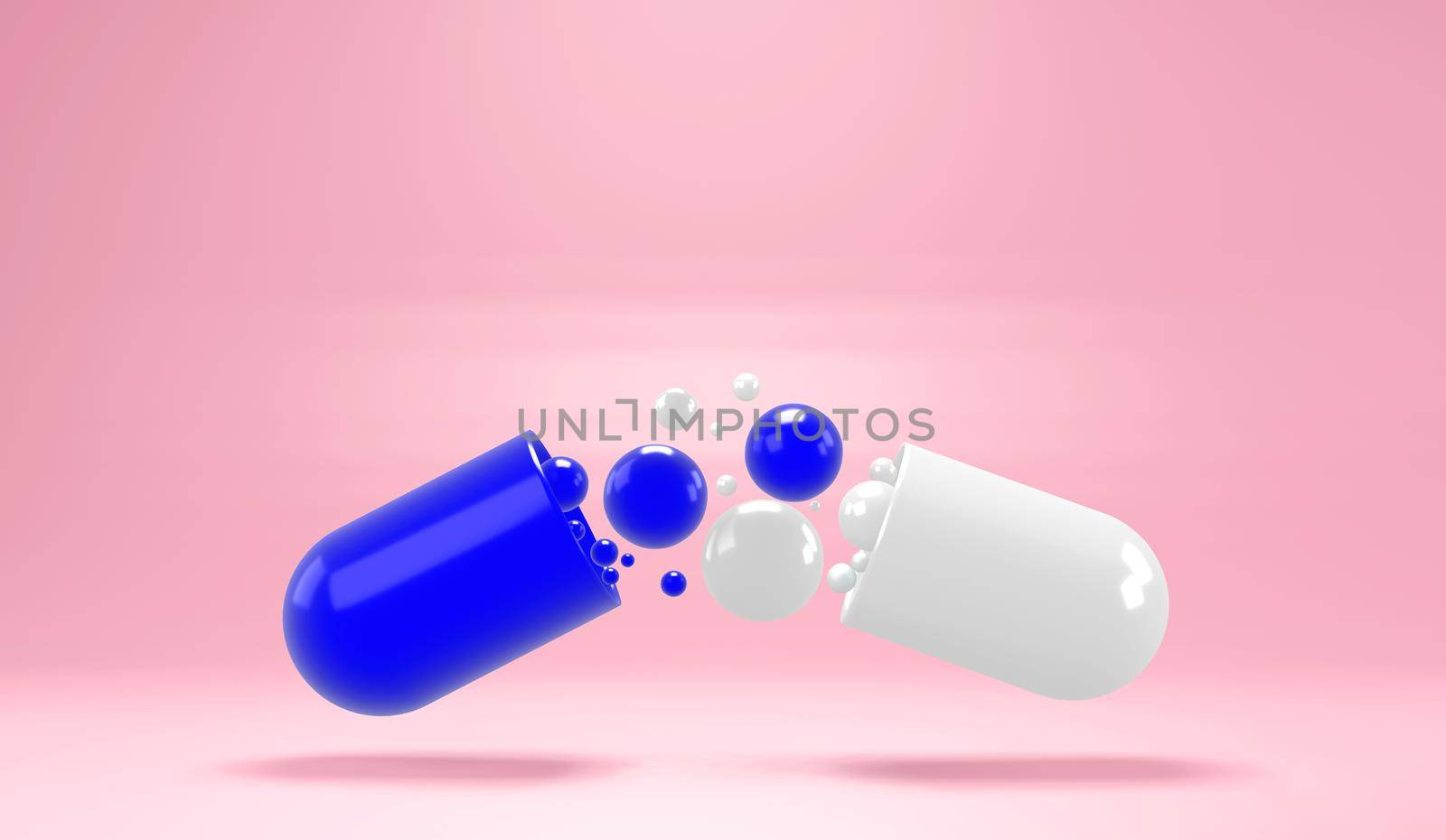 Abstract blue capsule supplement with dispersed particles rich in collagen, vitamin E, and natural extracts. food supplement brand concept white isolated background with copy space 3d rendering.