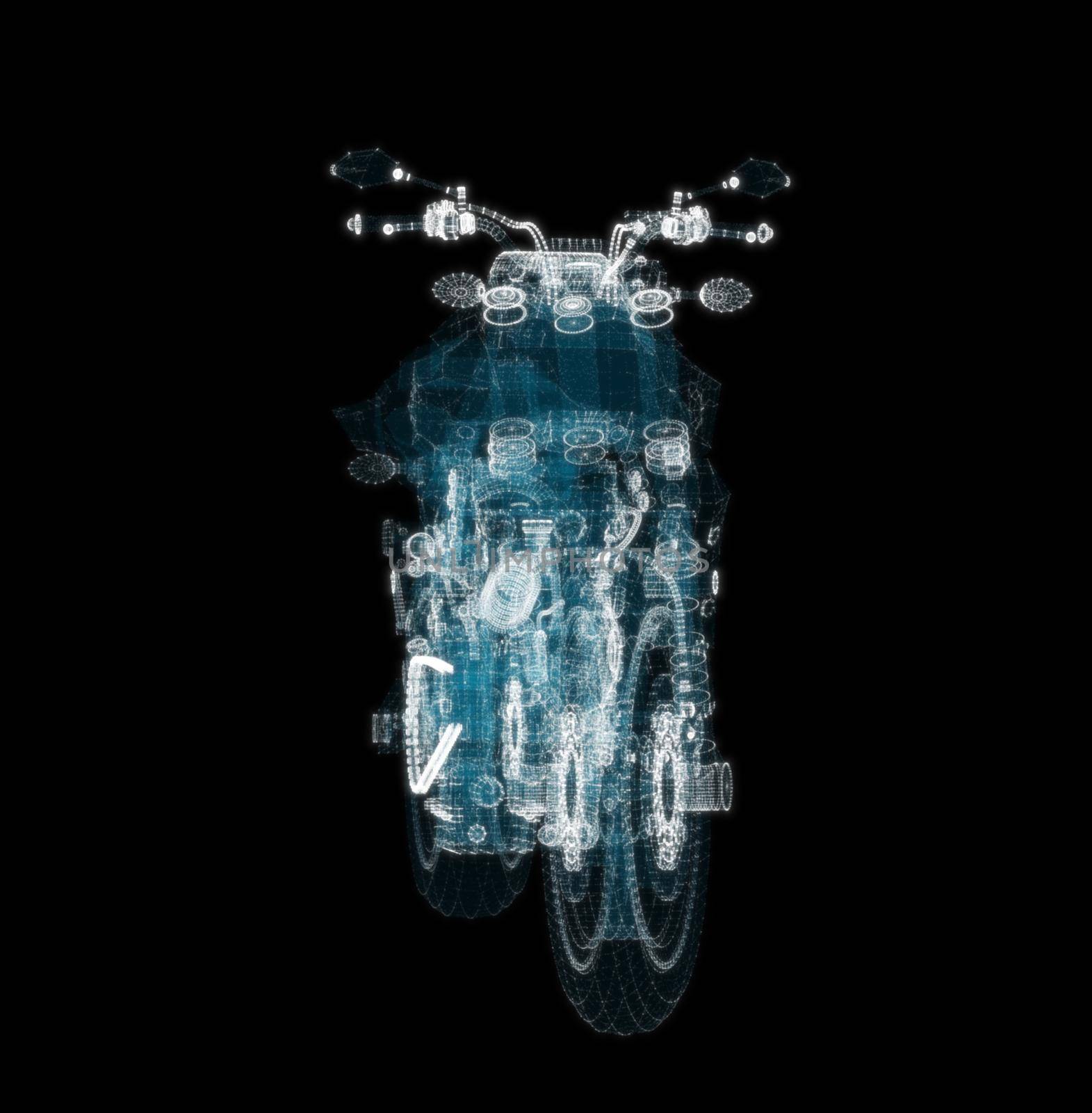 Abstract motorcycle consisting of glow points and lines. 3d illustration. Sport, transportation and techology concept