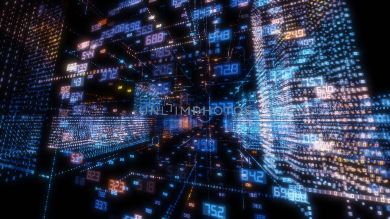 Abstract hologram 3D city with digital buildings and binary code particles network. Technology and connection concept. 3d illustration