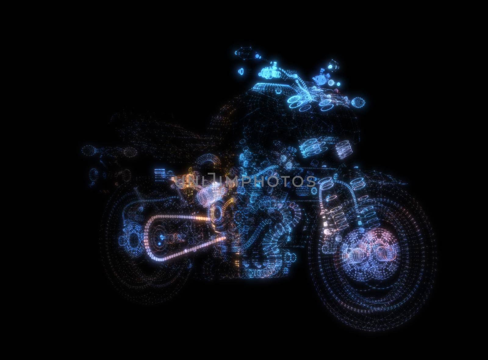 Abstract motorcycle consisting of glow points and lines. 3d illustration by cherezoff