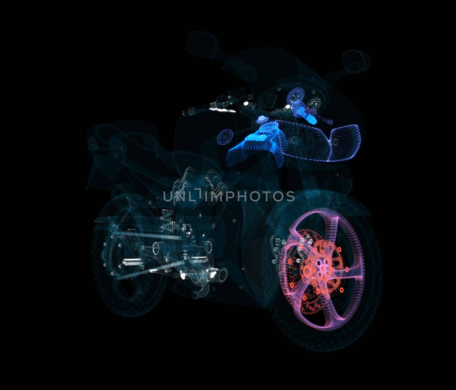 Abstract motorcycle consisting of glow points and lines. 3d illustration. Sport, transportation and techology concept