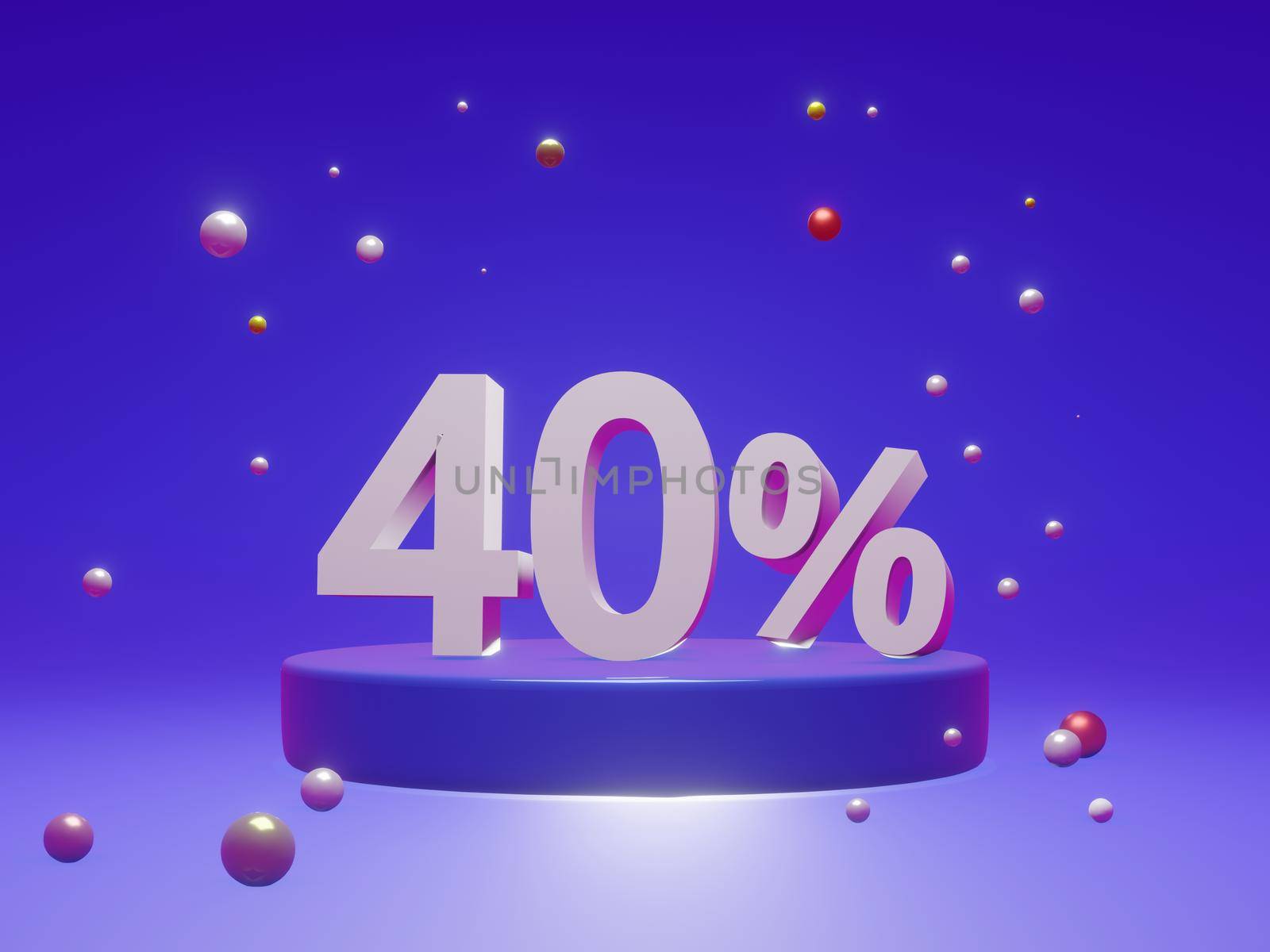 The podium shows up to 40% off discount concept banners, promotional sales, and super shopping offer banners. 3D rendering.