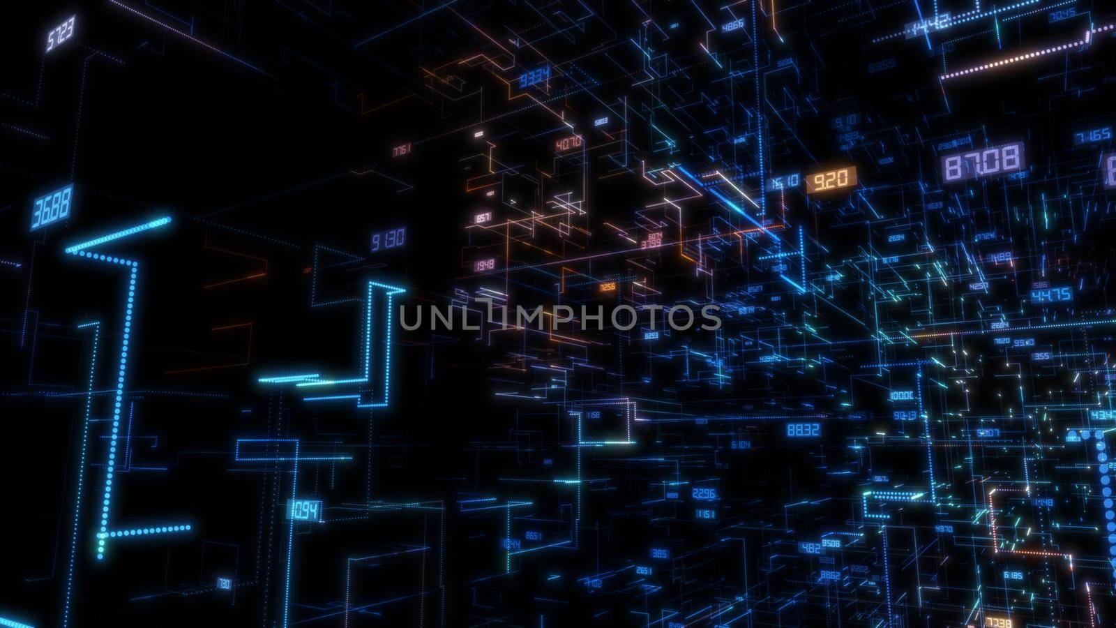 Luminous elements with numbers. The concept of the modern digital world. 3d illustration