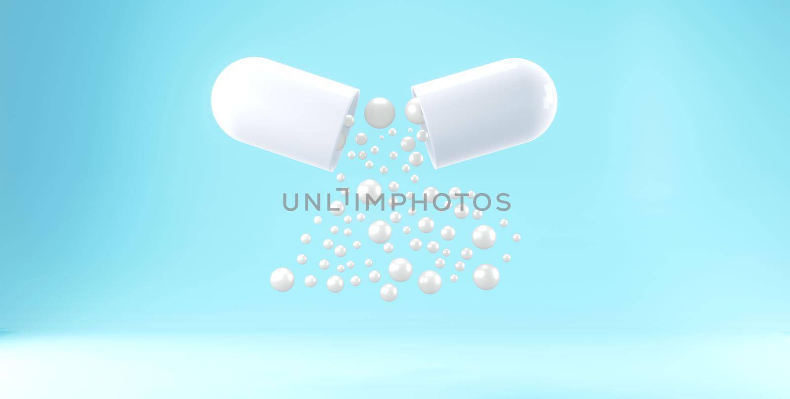 white pill capsule isolated blue background The concept of drug discovery for therapeutic use in the organization's banner 3d render.